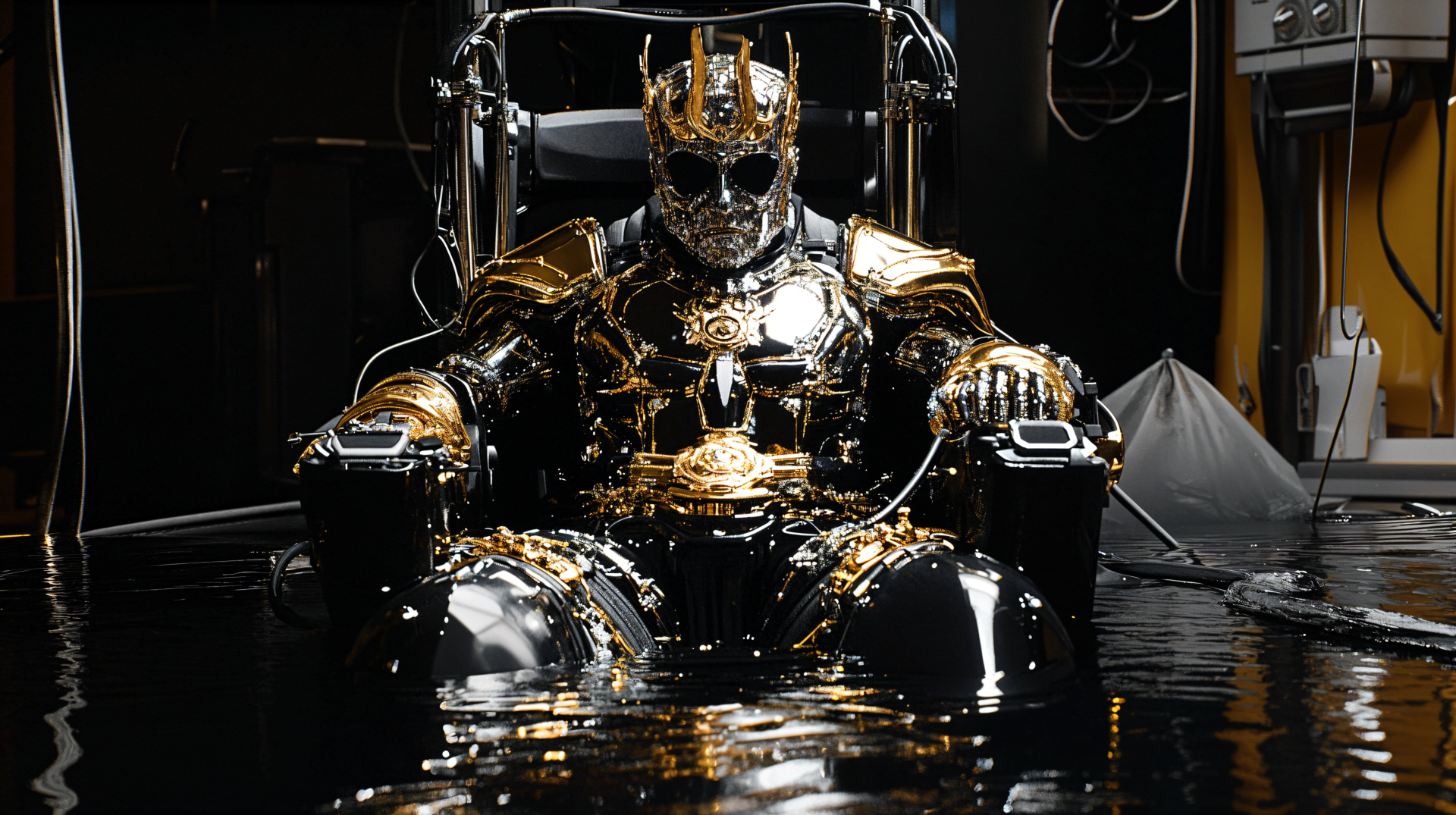 A striking sci-fi scene featuring a figure in ornate, gold-detailed armor, seated in a dark, reflective environment, captured in stunning 4K Ultra HD.