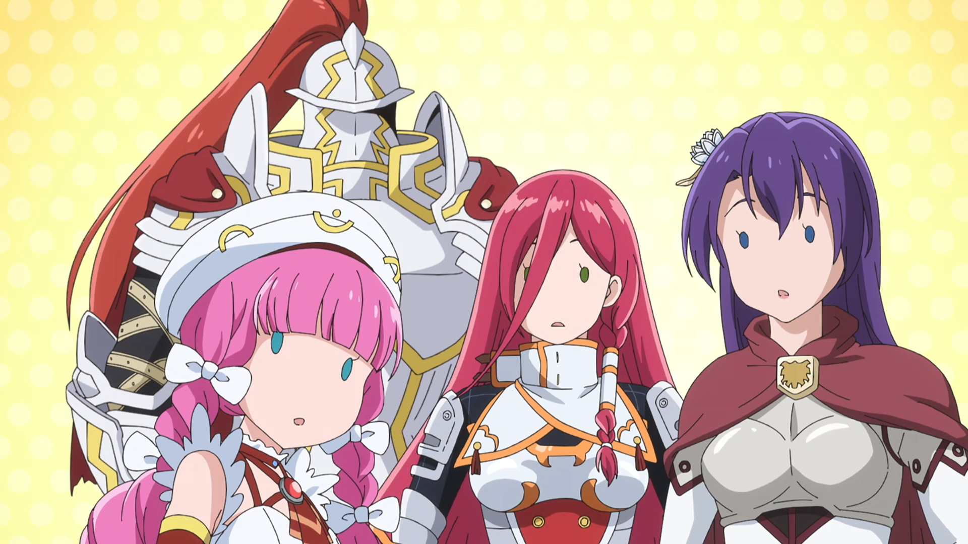 Anime HD PC desktop wallpaper from Shangri‑la Frontier featuring a heavy armored knight, red-haired warrior, pink-haired girl and purple-haired woman on a pale yellow background.