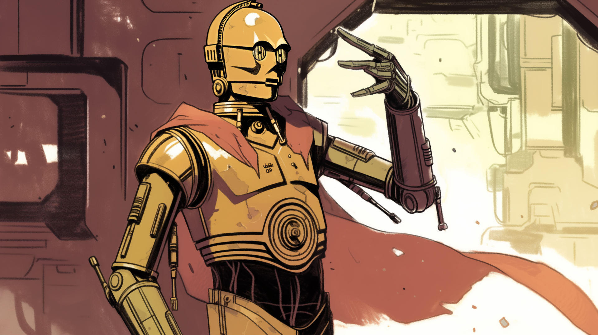 An HD desktop wallpaper featuring C-3PO from Star Wars, showcasing the iconic protocol droid in a dynamic pose against a stylized background.