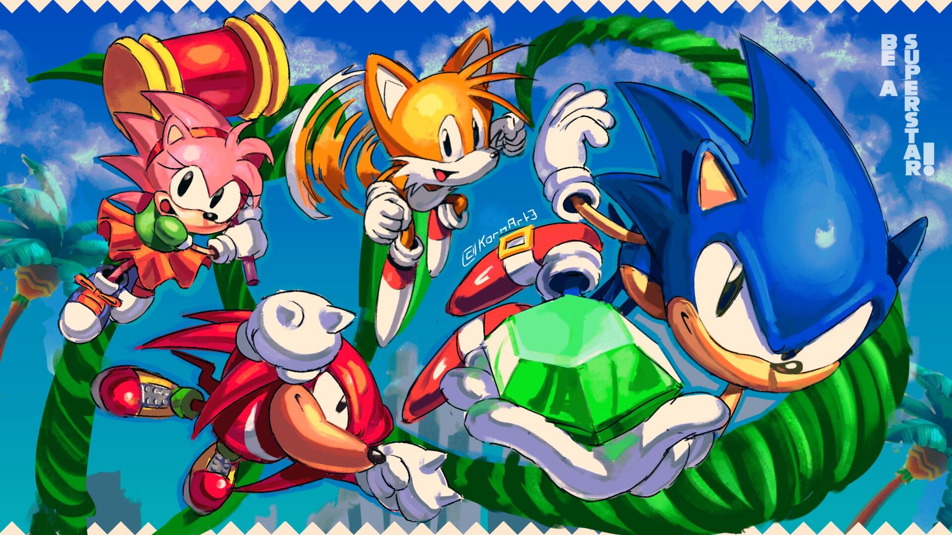 HD PC desktop wallpaper featuring Sonic the Hedgehog, Knuckles the Echidna, Amy Rose, and Tails from Sonic Superstars in an action-packed scene with a glowing green emerald.