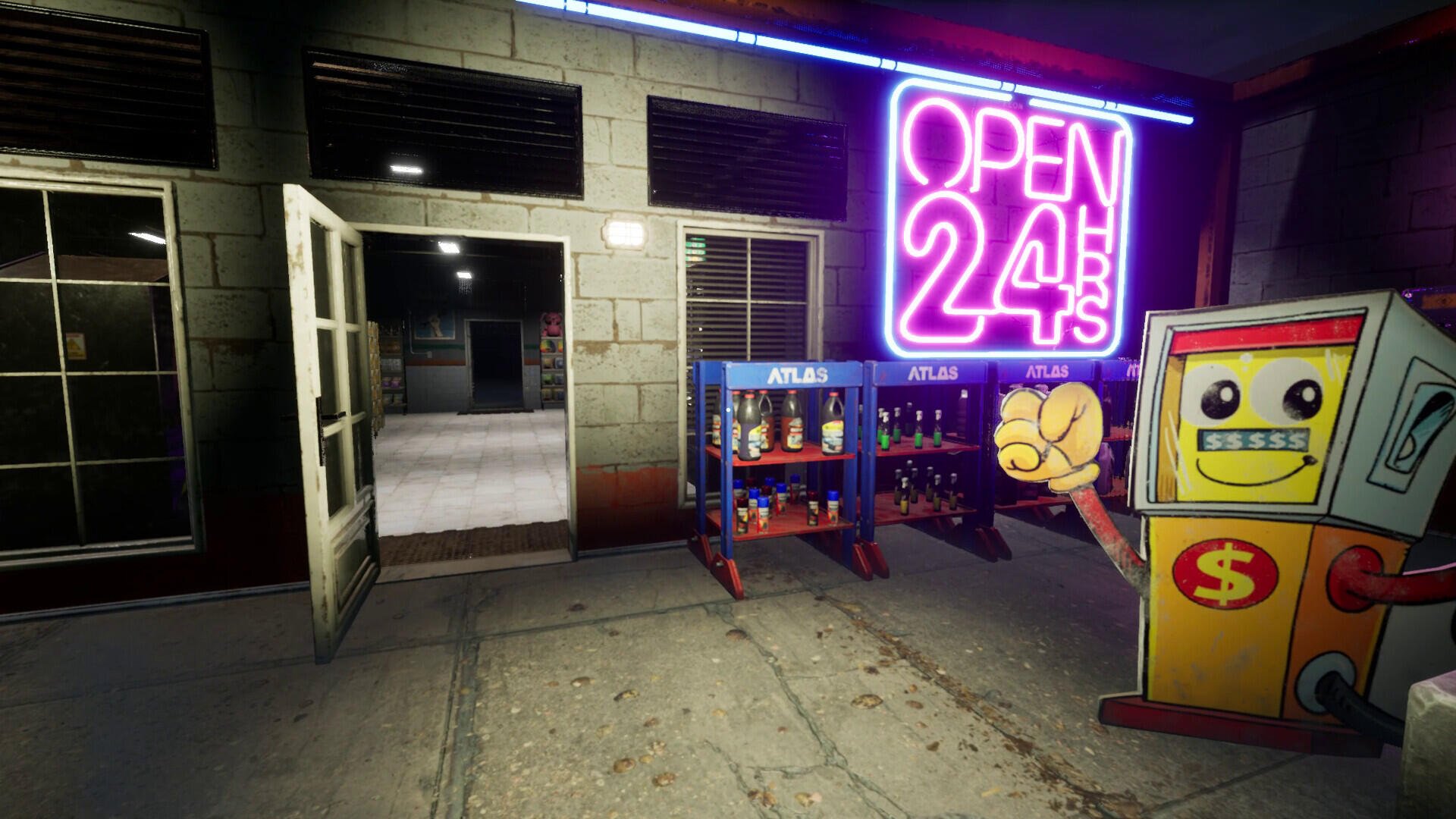 A vibrant HD wallpaper from the video game Massacre At The Mirage, featuring a neon Open 24/7 sign outside a convenience store with vending machines.