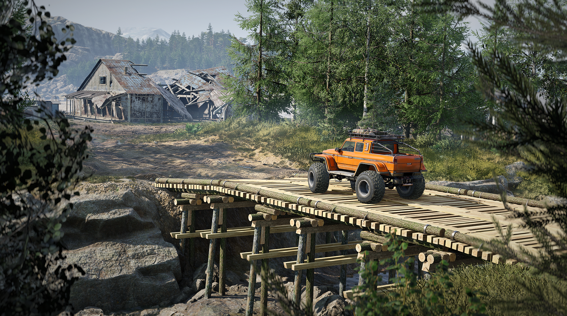 A vibrant HD wallpaper from RoadCraft, showcasing an orange truck crossing a wooden bridge in a scenic, forested landscape with remnants of a building in the background.