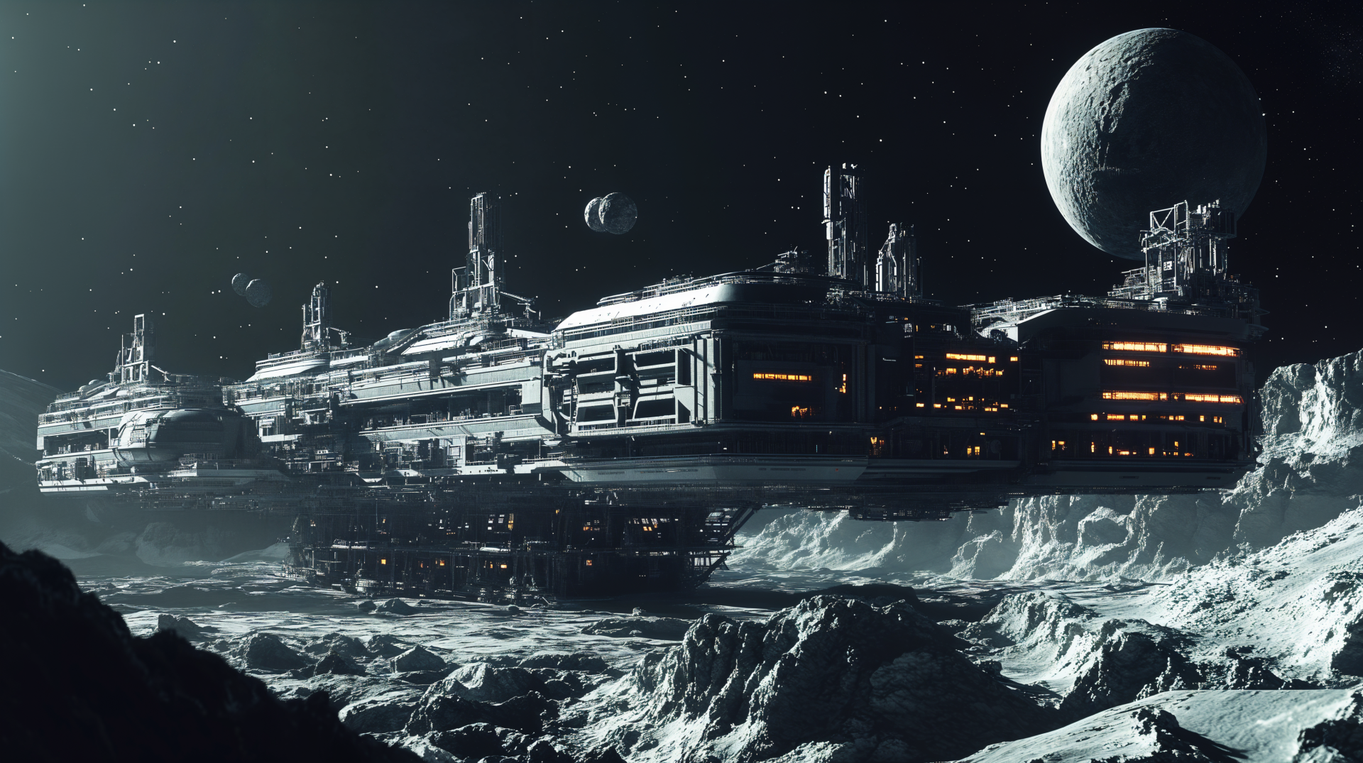 A stunning 4K Ultra HD wallpaper depicting a sci-fi asteroid mining colony, featuring futuristic spacecraft set against a dramatic cosmic backdrop with planets and asteroids.