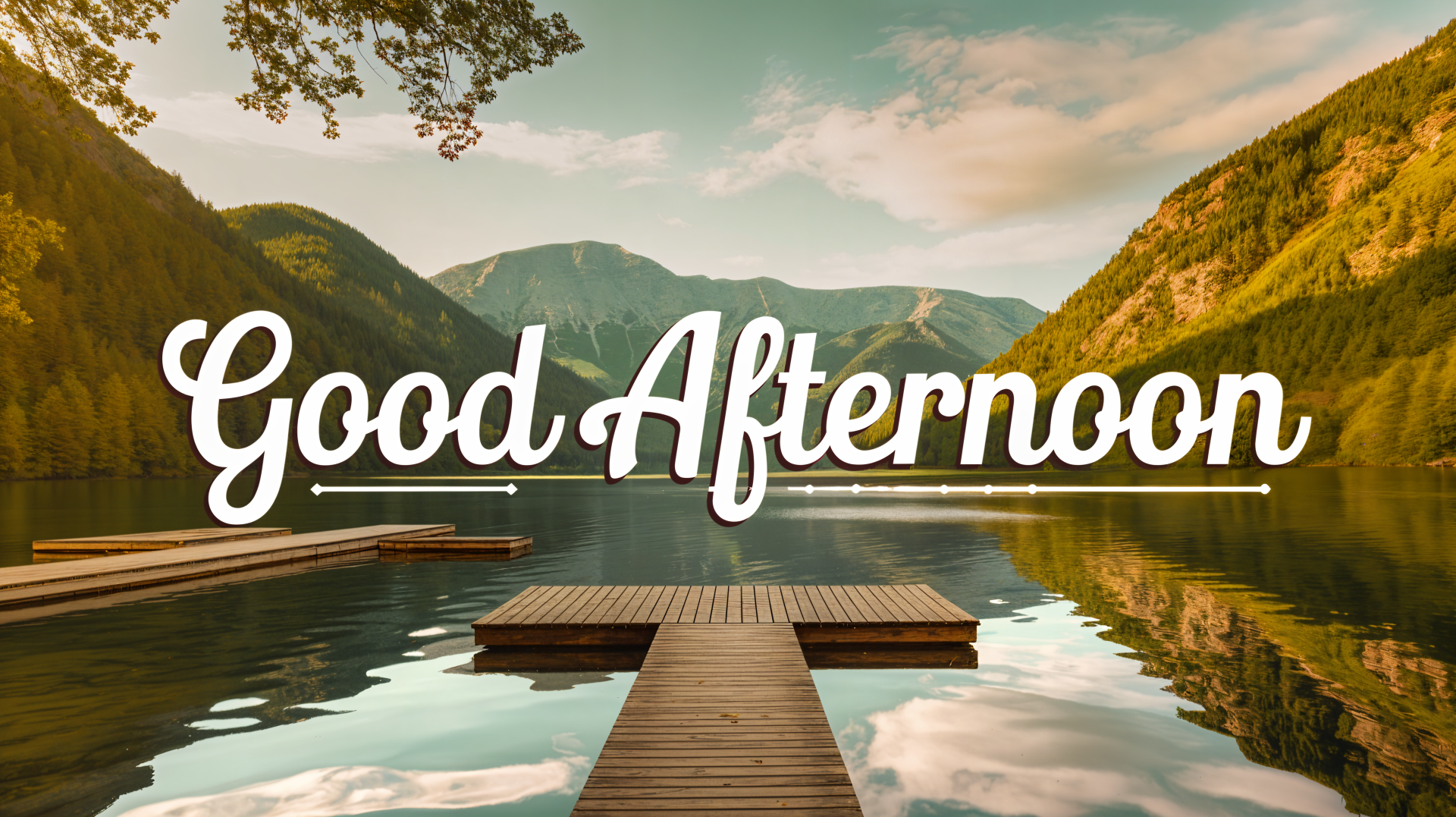 A serene 4K Ultra HD wallpaper featuring a tranquil lake surrounded by mountains, with the phrase Good Afternoon elegantly overlaid in stylish typography.