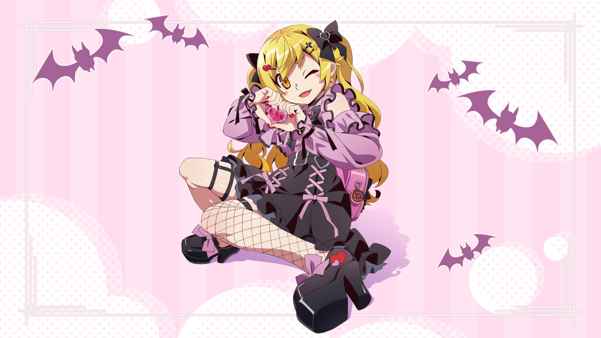 HD PC desktop wallpaper featuring Shinobu Oshino from the Monogatari series, Bakemonogatari, depicted in a playful anime style with bats and soft pink background accents.