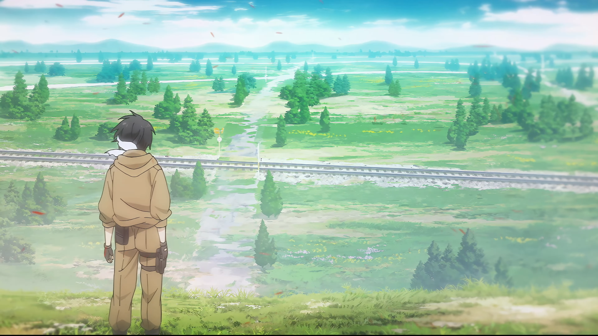 Eighty Six 2K Quad HD PC desktop wallpaper/background: lone soldier in tan uniform stands on a hill overlooking expansive green fields, roads and distant trees beneath a bright sky.