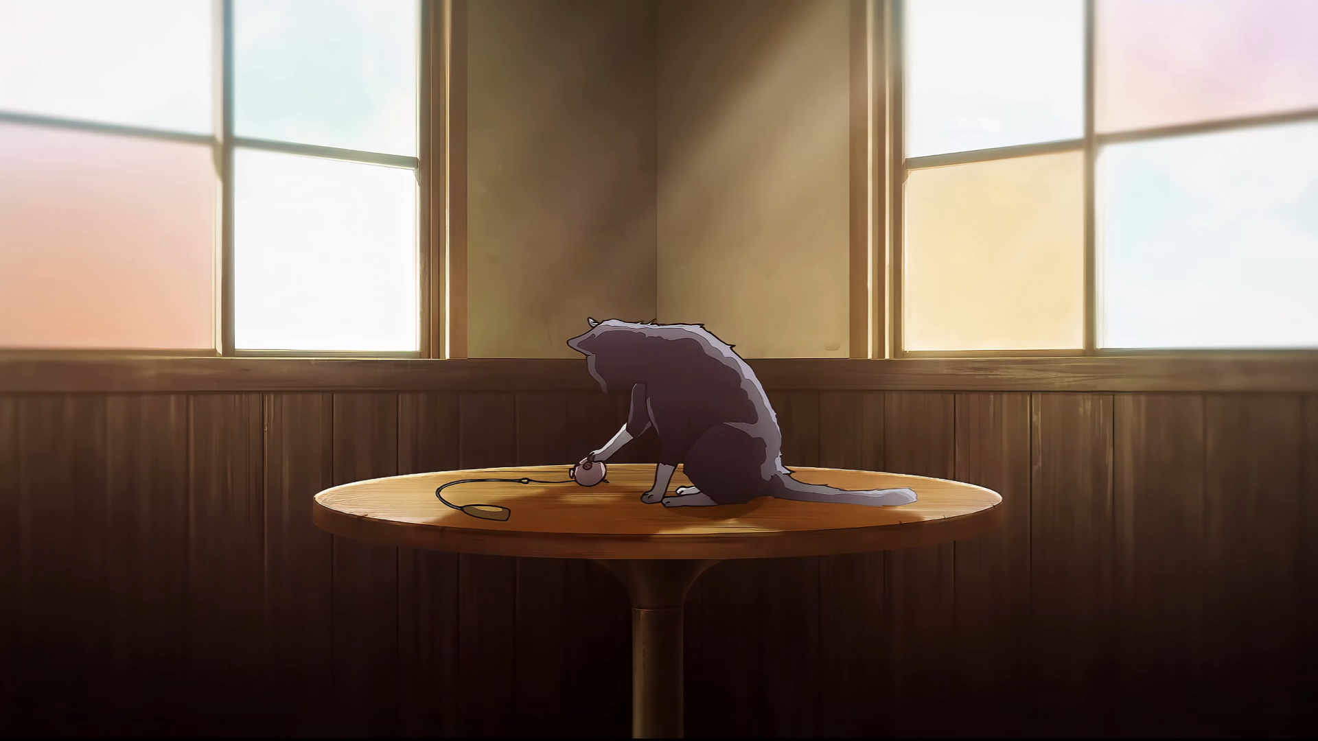 HD PC desktop wallpaper of a scene from Eighty Six, featuring a dark-furred rat sitting on a round wooden table in a softly lit room with large windows.