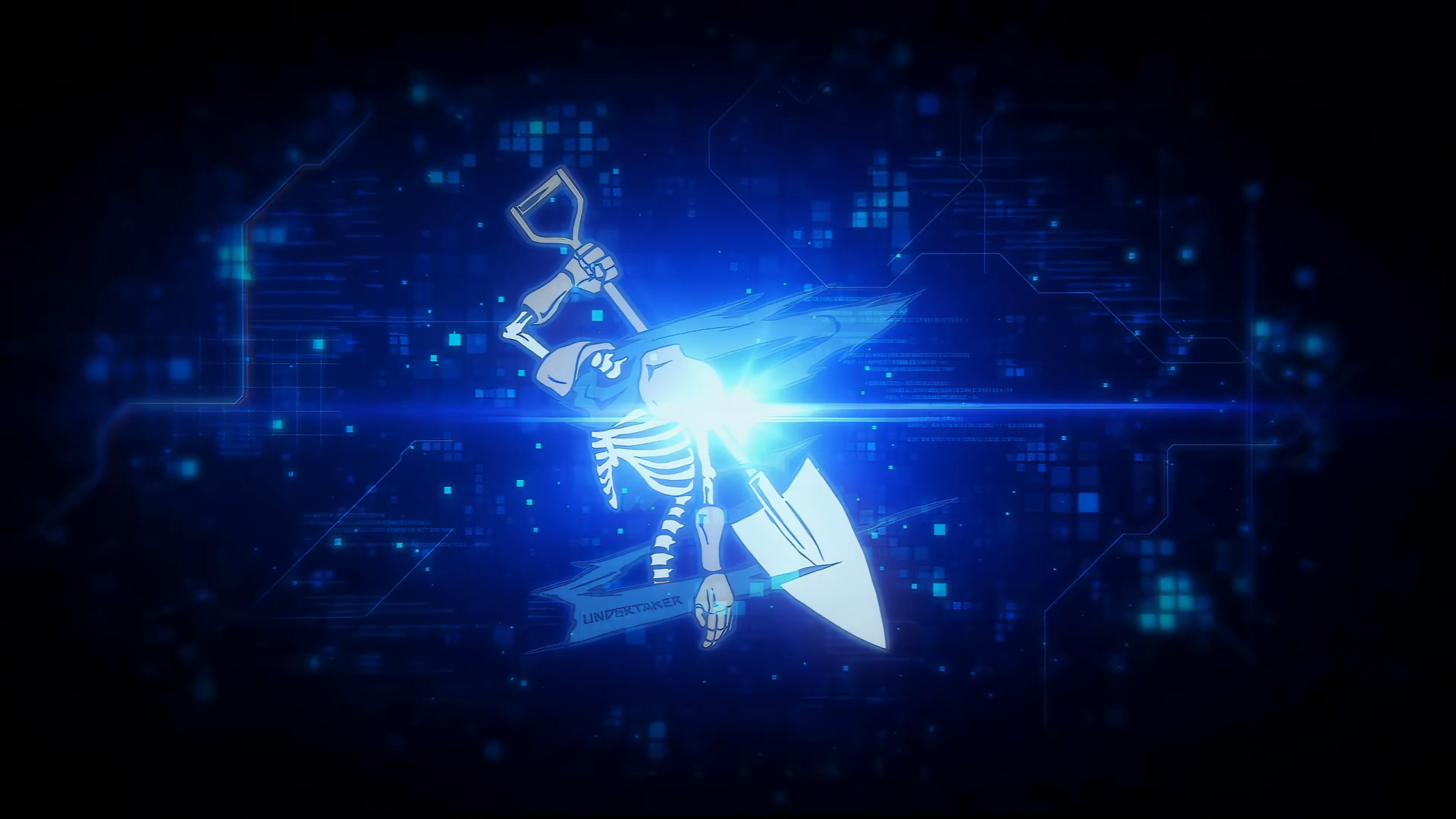 HD PC desktop wallpaper featuring a glowing, futuristic robotic figure with mechanical arms against a dark blue digital background from Eighty Six.