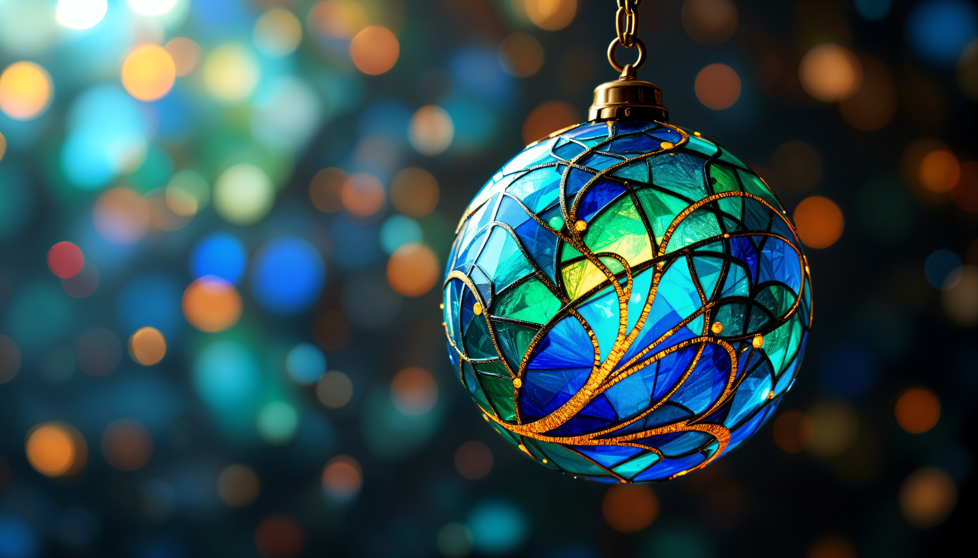 A vibrant stained glass ornament in rich blues and greens, suspended against a blurred background of shimmering bokeh lights, creates a stunning 4K Ultra HD desktop wallpaper.