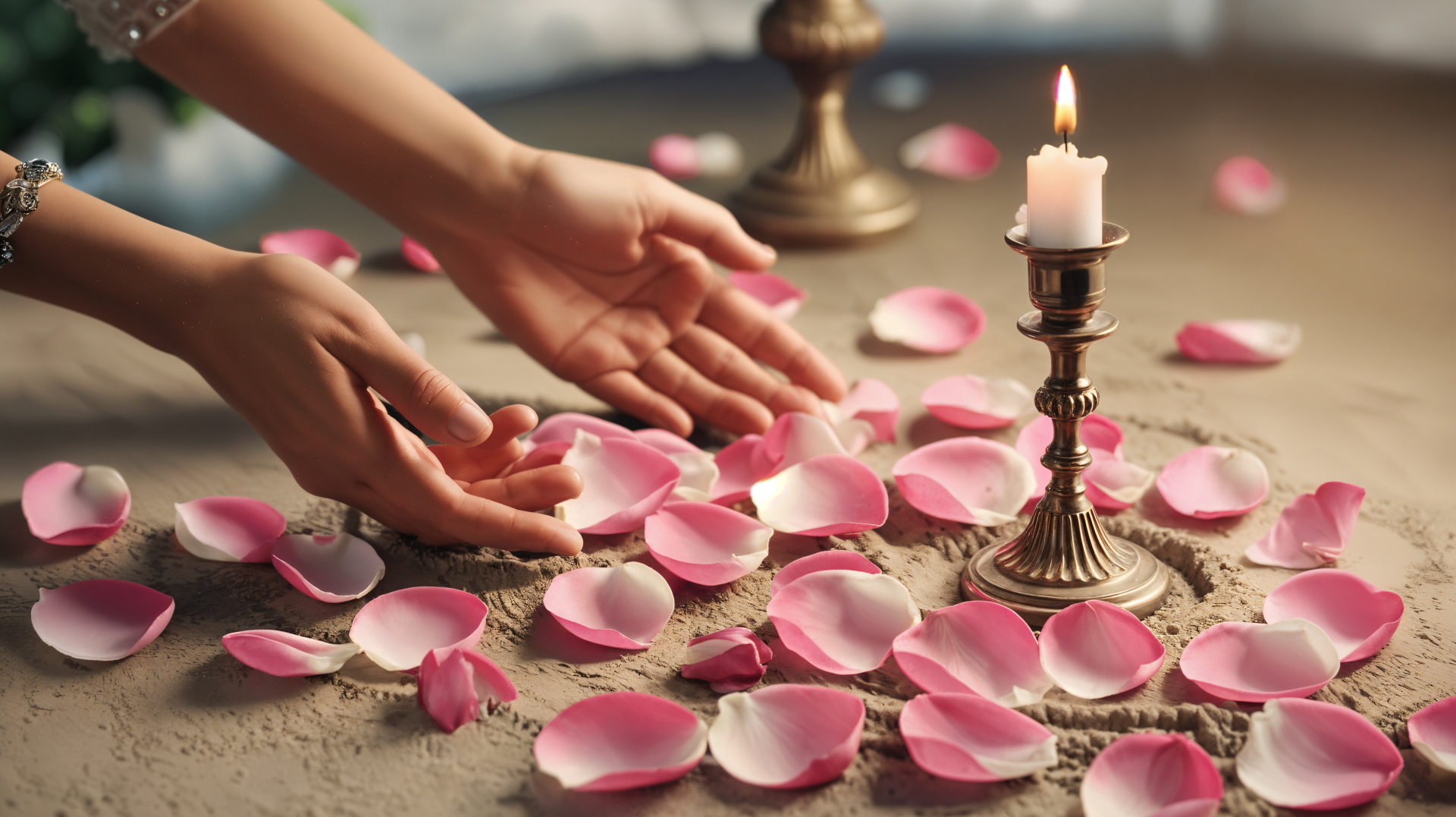 A serene scene featuring hands gently arranging pink rose petals around a lit candle, creating a tranquil and romantic atmosphere, captured in stunning 4K Ultra HD.