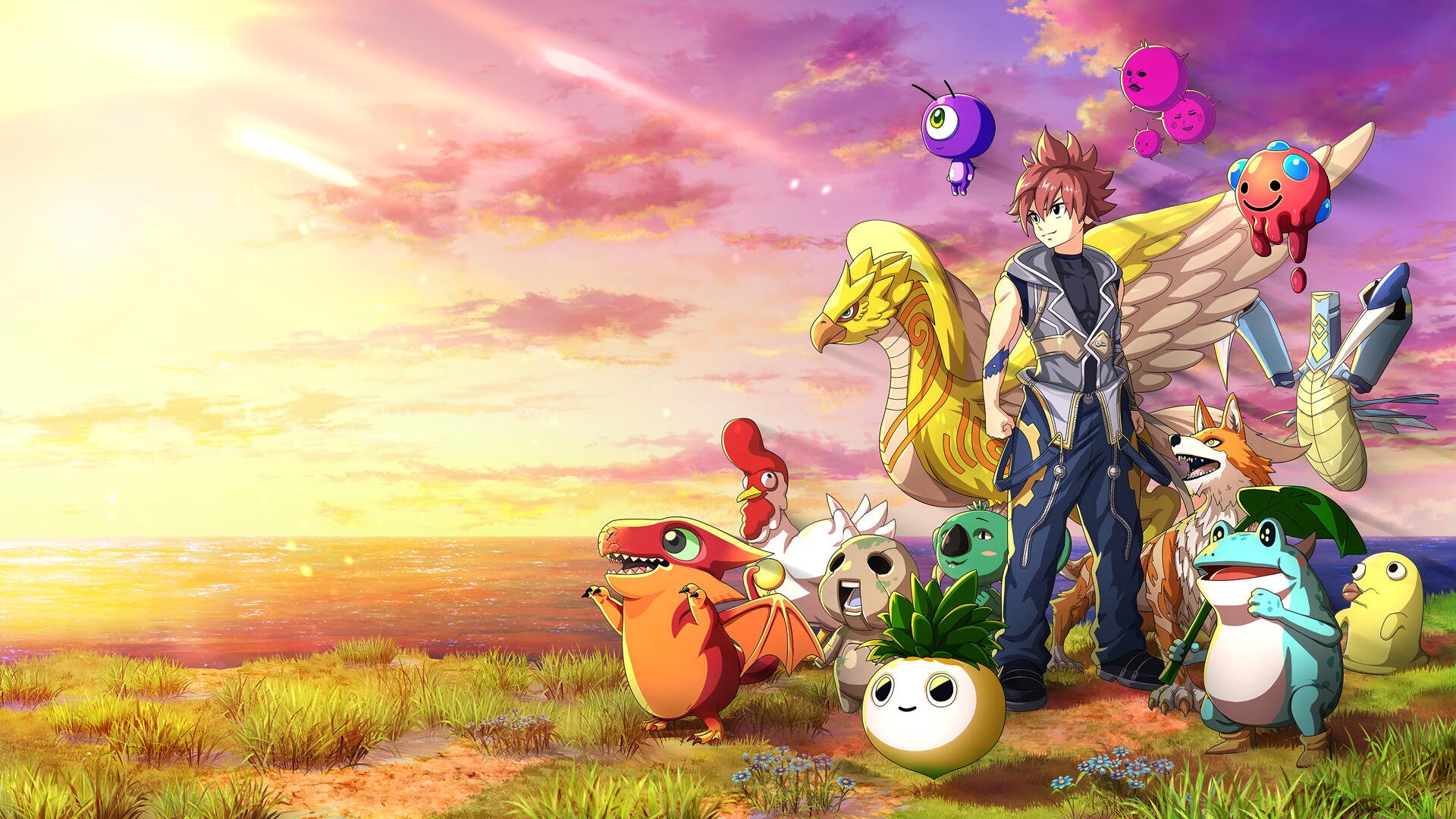 HD PC desktop wallpaper featuring a character and colorful creatures from the video game Farmagia against a vibrant sunset landscape.