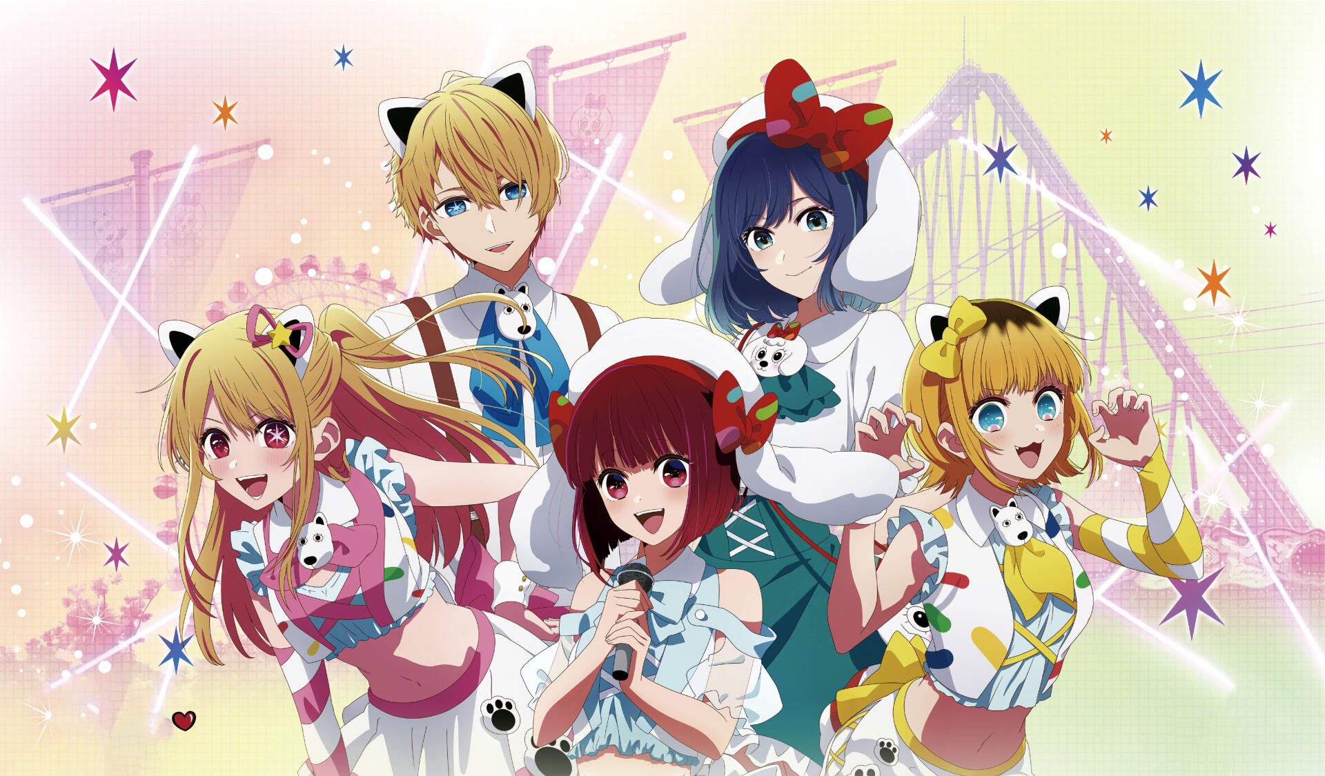 Bright and colorful 8K Ultra HD anime wallpaper featuring five cheerful characters from Oshi no Ko in vibrant outfits with a sparkling background.