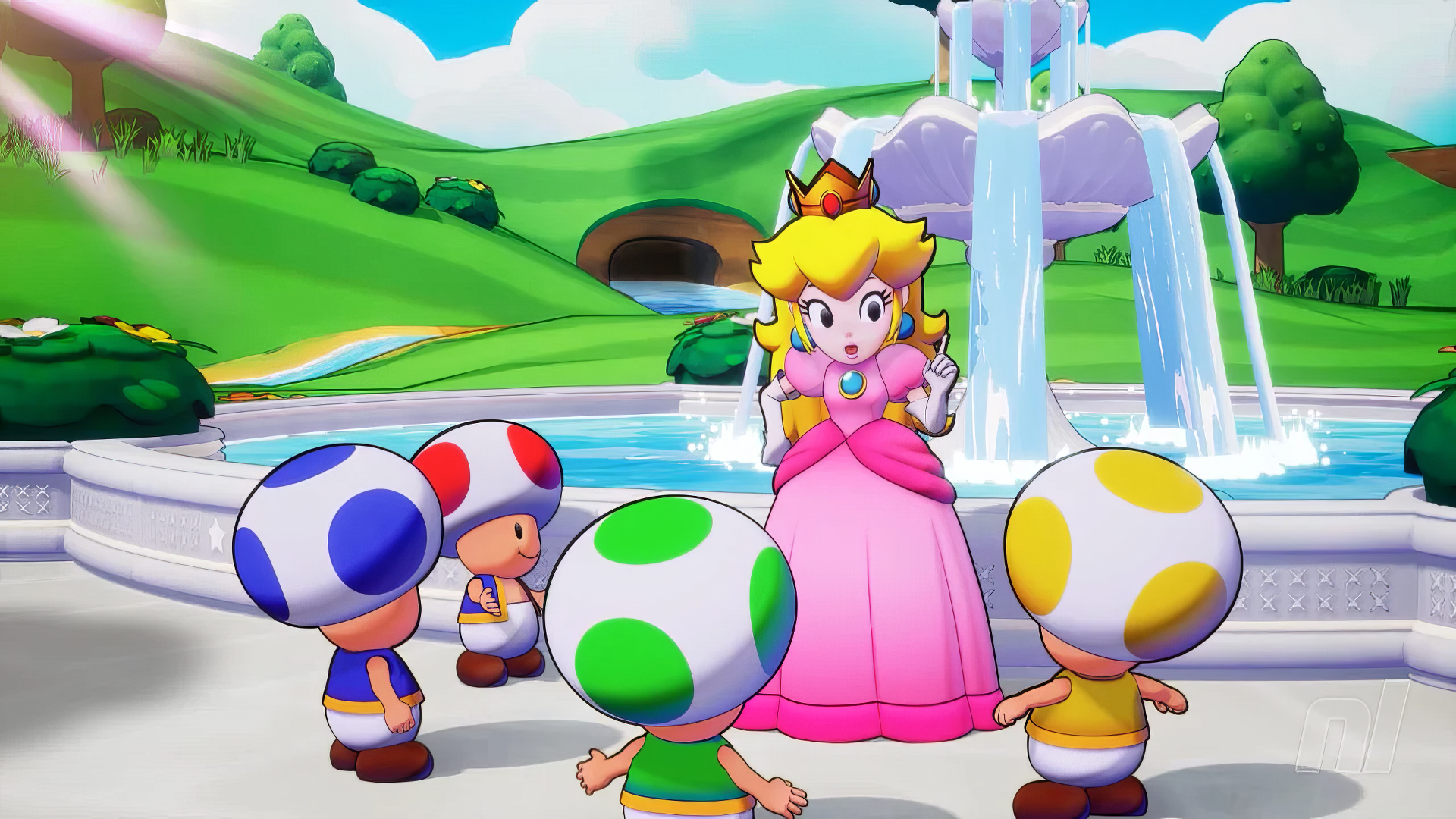 A vibrant HD wallpaper from the video game Mario & Luigi: Brothership, featuring Princess Peach interacting with colorful Toad characters in a picturesque setting.