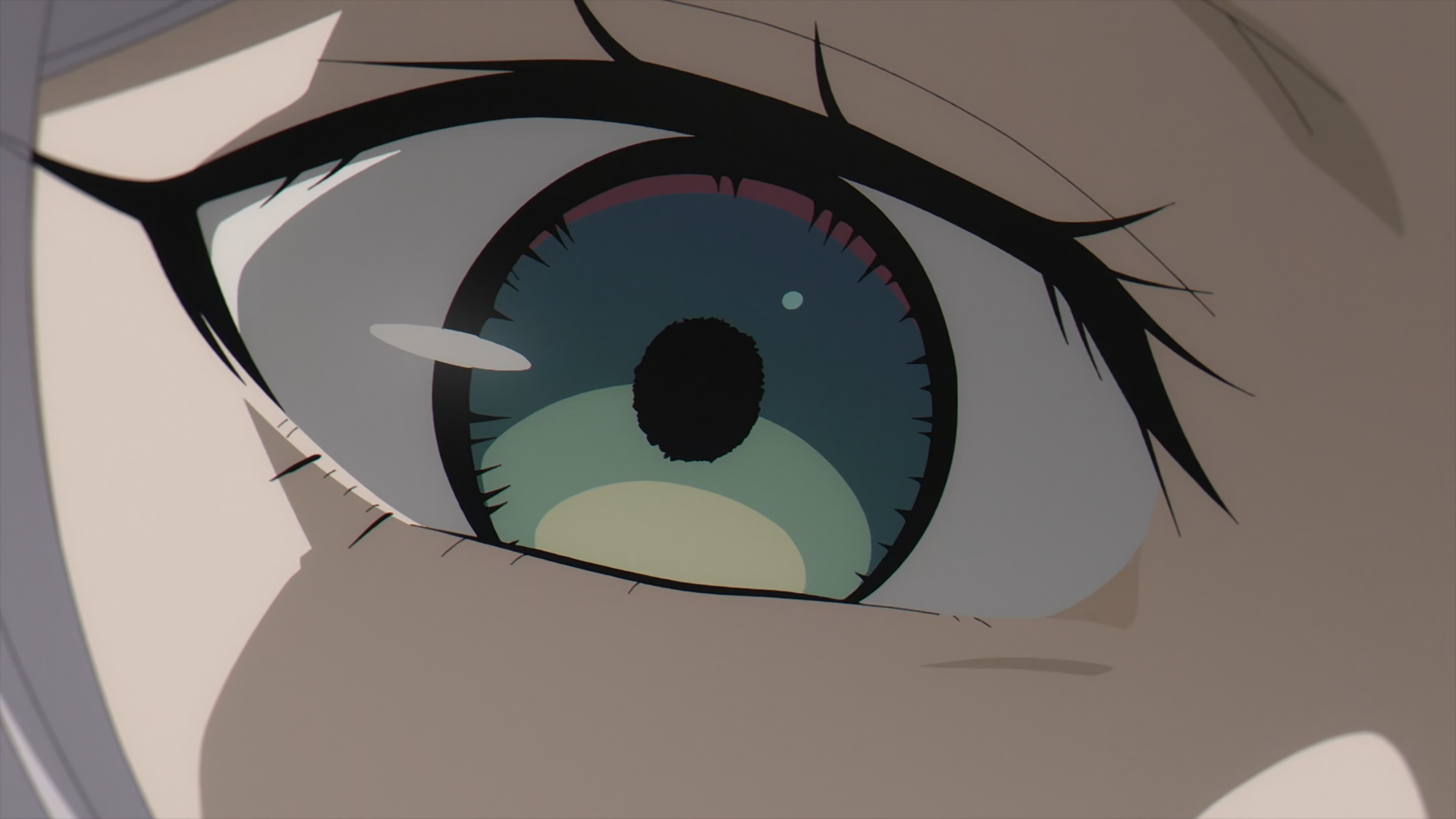Close-up of an expressive eye from the anime Frieren: Beyond Journey's End, showcasing vibrant colors and intricate detailing, designed as an HD PC desktop wallpaper.
