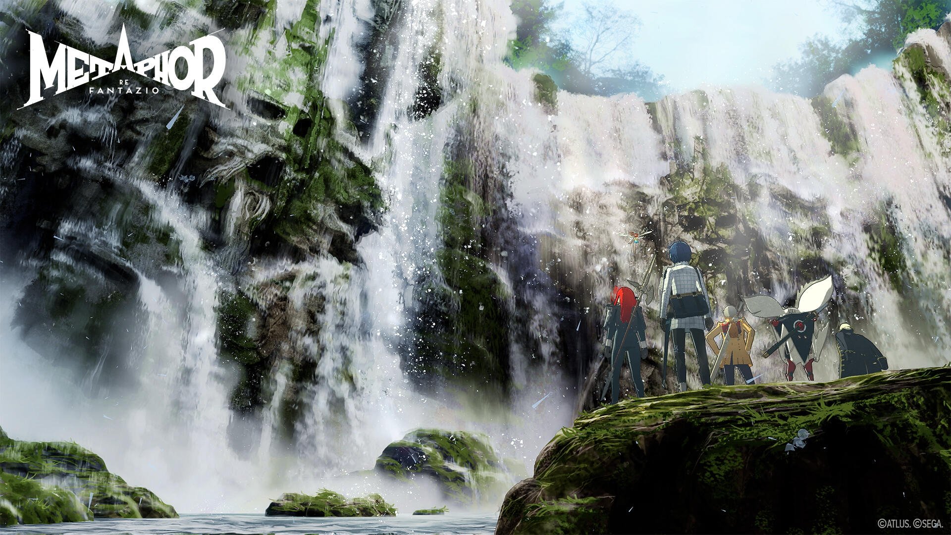 A captivating HD wallpaper featuring a picturesque waterfall scene from the video game Metaphor: ReFantazio, showcasing lush greenery and characters in an enchanting landscape.