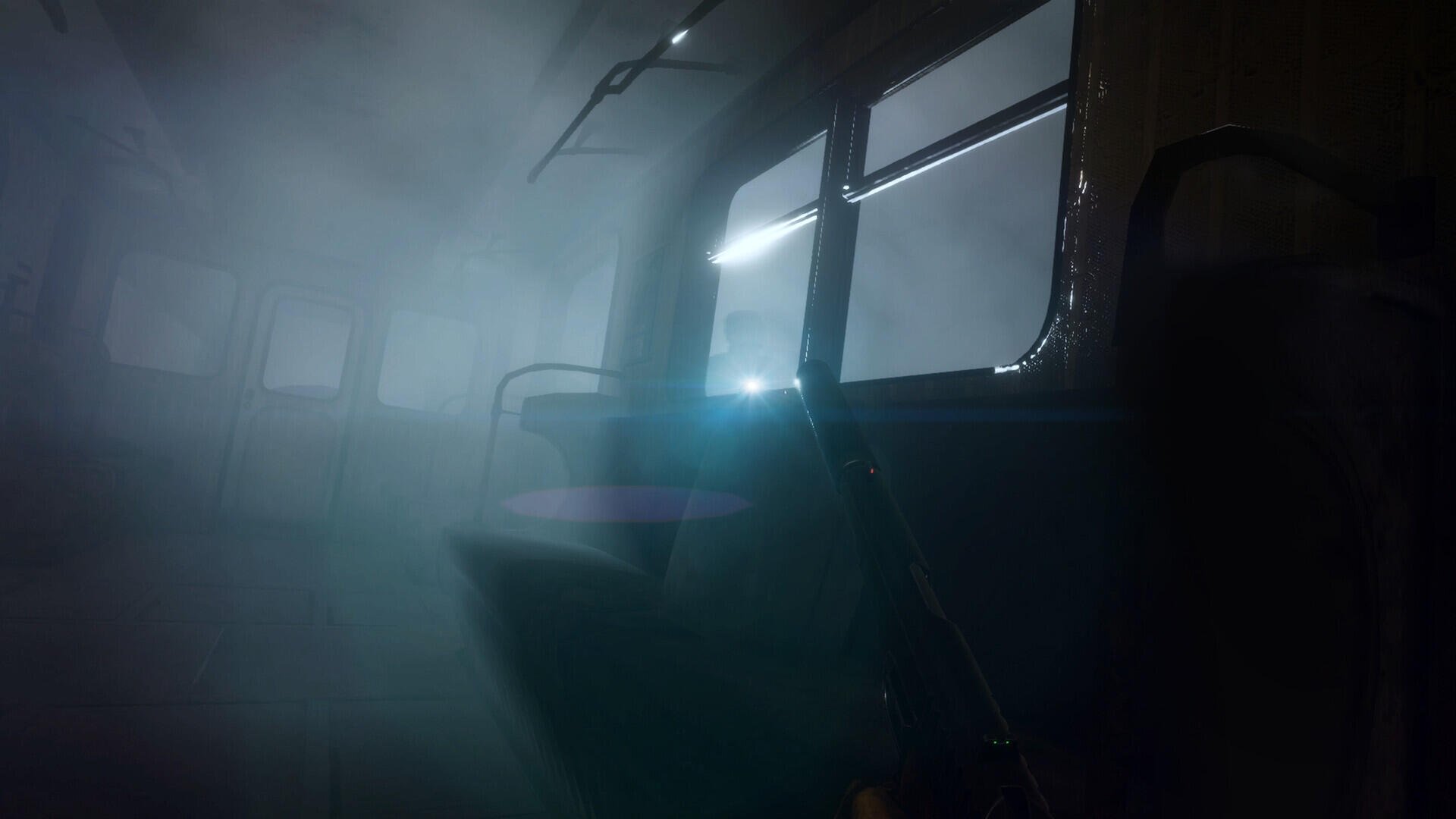 A haunting scene from the video game Metro Awakening, featuring an eerie, fog-filled environment inside a bus, creating a mood of suspense and mystery. HD PC desktop wallpaper.