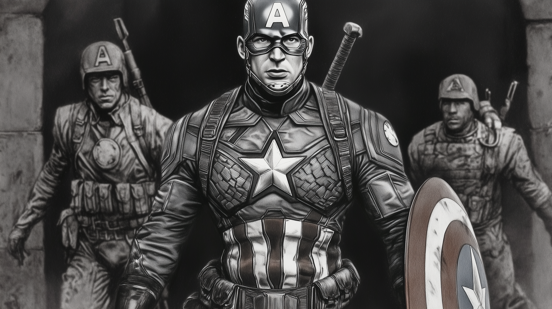 A dynamic HD desktop wallpaper featuring Captain America and fellow Avengers, showcasing their superhero strength and unity against a dark backdrop.