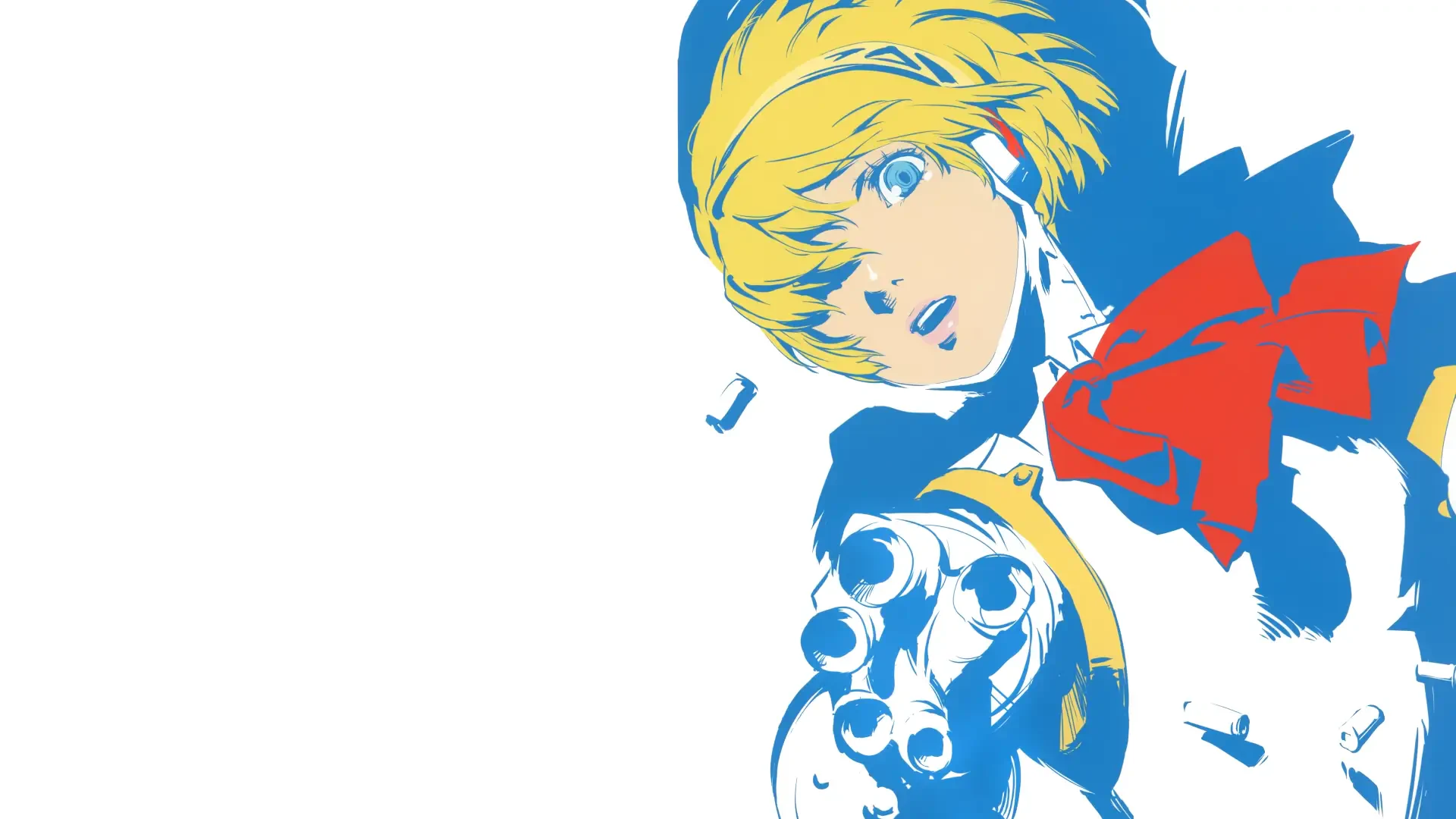 4K Ultra HD PC wallpaper of Aigis (Persona) from Persona 3, Persona 3 Portable and Persona 3 Reload — stylized blue, yellow and red illustration on a white background.