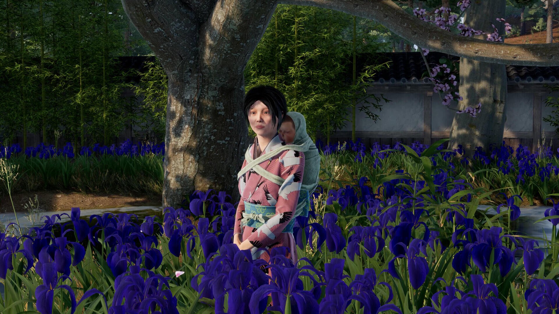 A serene scene from the video game Sengoku Dynasty, featuring a character in traditional attire standing amidst vibrant purple flowers, set against a lush, green backdrop.