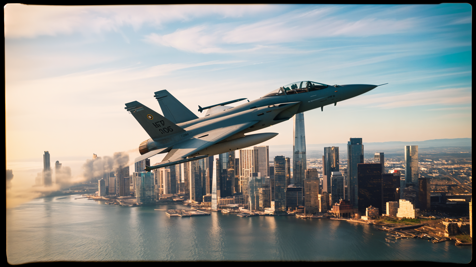 A sleek jet fighter soars above a city skyline, creating a striking contrast against the blue sky and reflecting waters, captured in a stunning 4K Ultra HD desktop wallpaper.