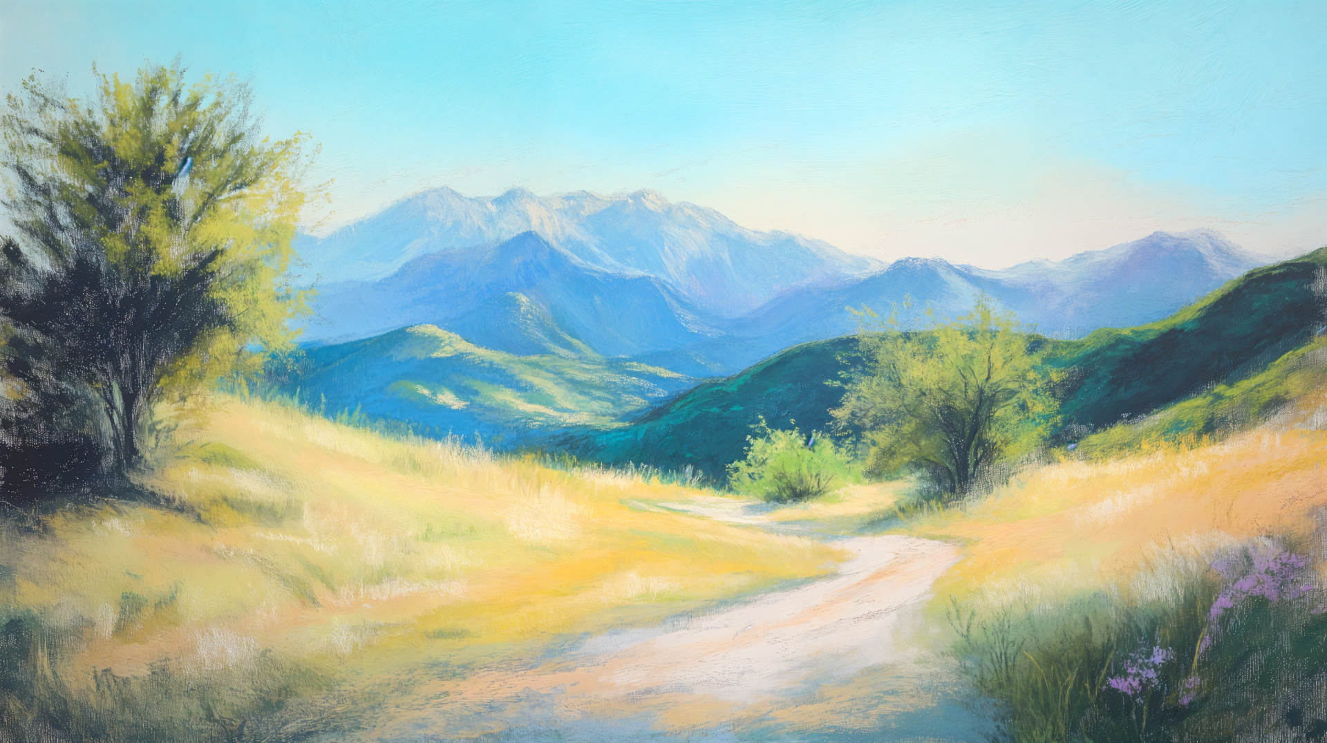A serene landscape featuring soft pastels, showcasing rolling hills and distant mountains under a clear blue sky, designed as a 4K Ultra HD desktop wallpaper.