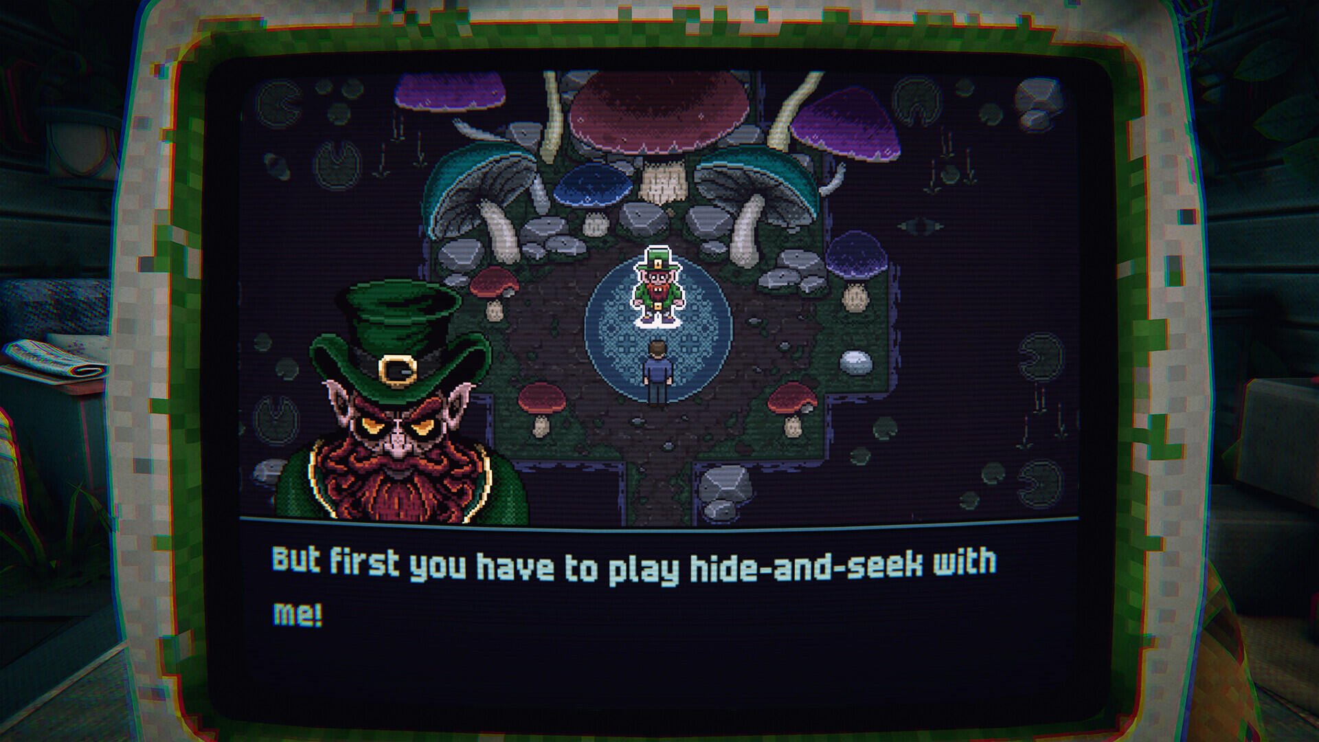 A vibrant HD desktop wallpaper from the game Is this Game Trying to Kill Me? featuring a whimsical character challenging players to a game of hide-and-seek amidst colorful mushrooms.