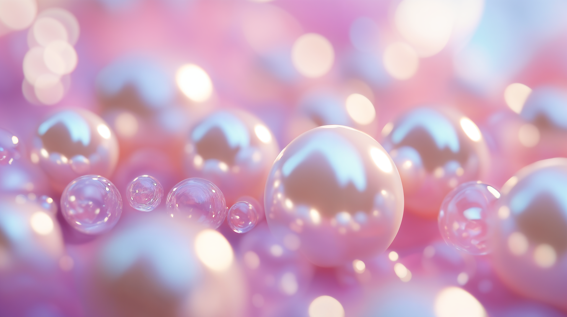 A close-up of lustrous pearls in soft pink hues, creating a dreamy and elegant pink aesthetic, presented as a vibrant 4K Ultra HD desktop wallpaper.