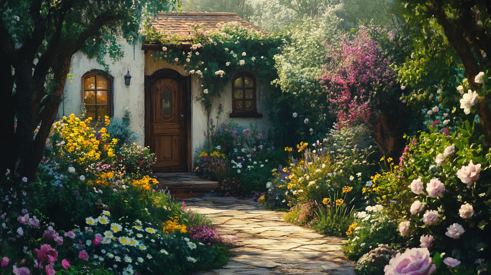 A charming cottage surrounded by vibrant flowers and lush greenery, capturing the essence of cottagecore. This stunning image serves as a 4K Ultra HD desktop wallpaper.