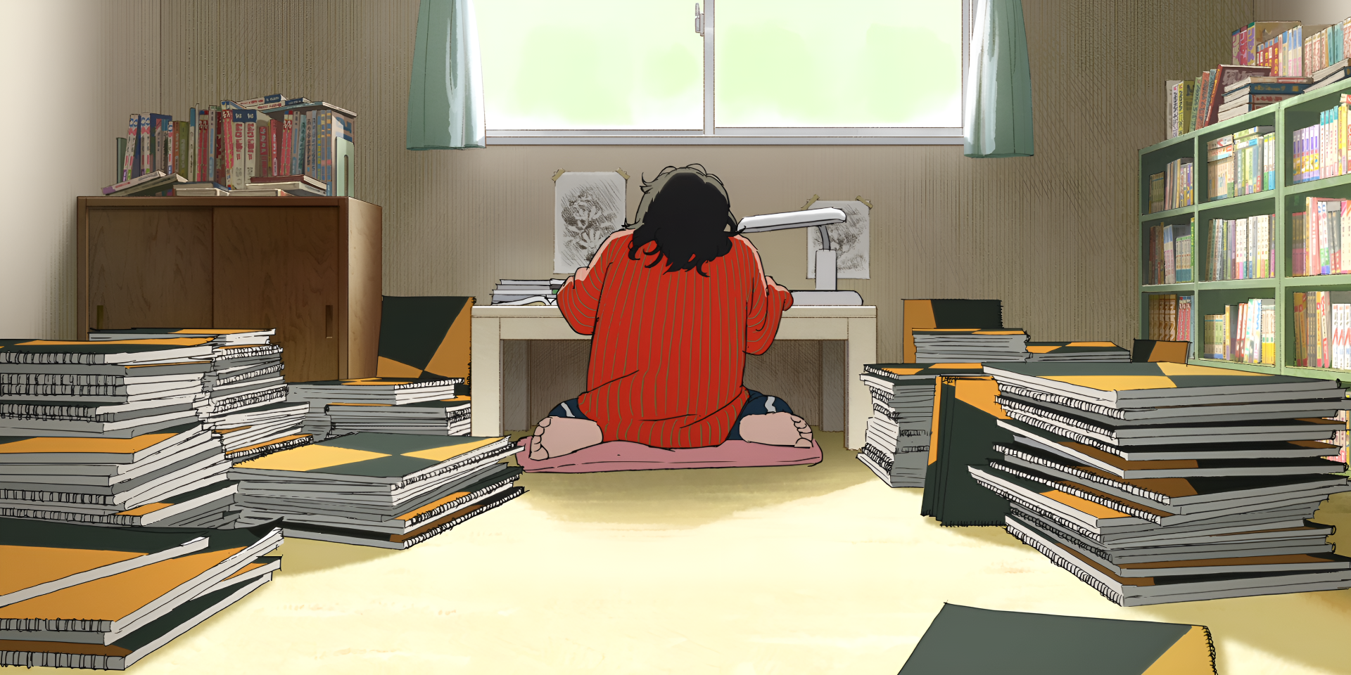 HD anime desktop wallpaper from the movie Look Back, featuring Kyomoto sitting on the floor surrounded by stacks of papers in a bright, book-filled room.