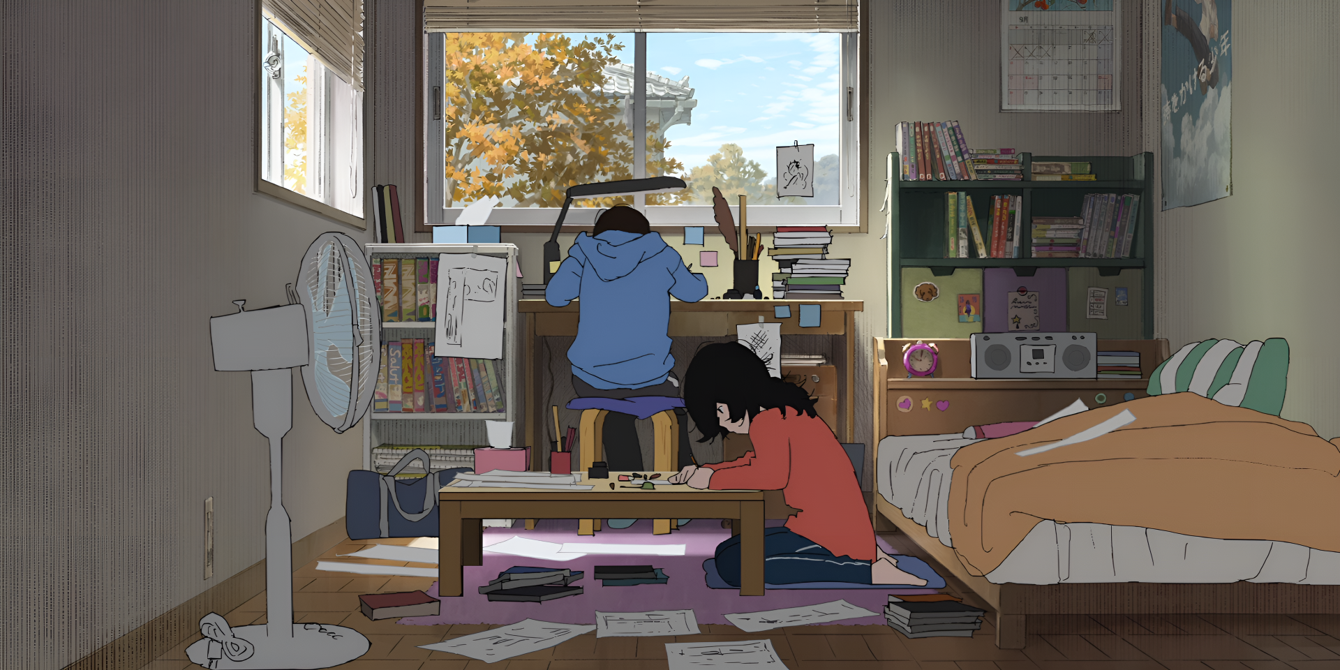 HD anime desktop wallpaper from the movie Look Back featuring Ayumu Fujino and Kyomoto in a detailed room scene with warm sunlight streaming through the window.