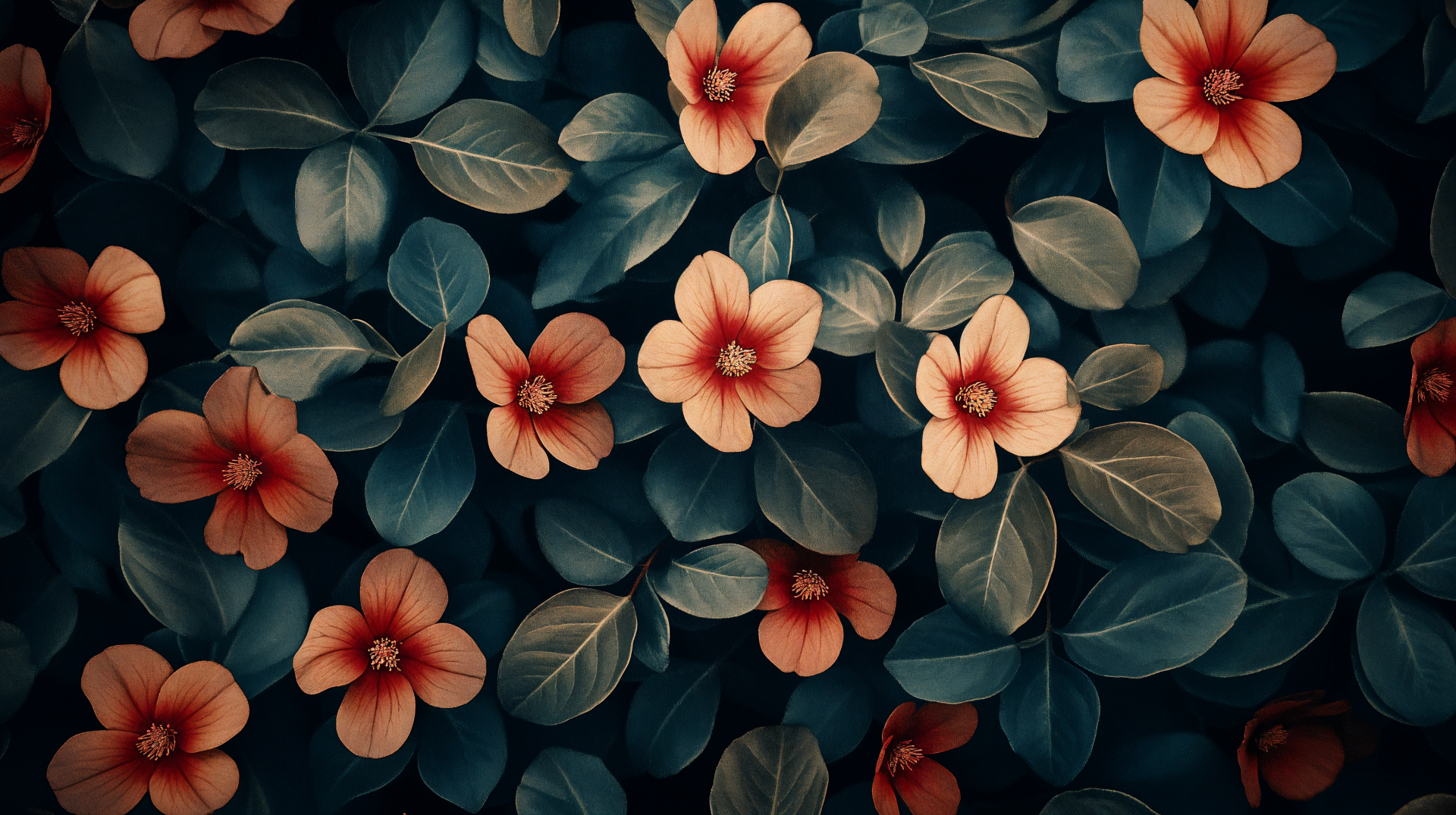 A vintage floral design featuring delicate peach-colored flowers against a backdrop of lush green leaves, presented in stunning 4K Ultra HD as a desktop wallpaper.
