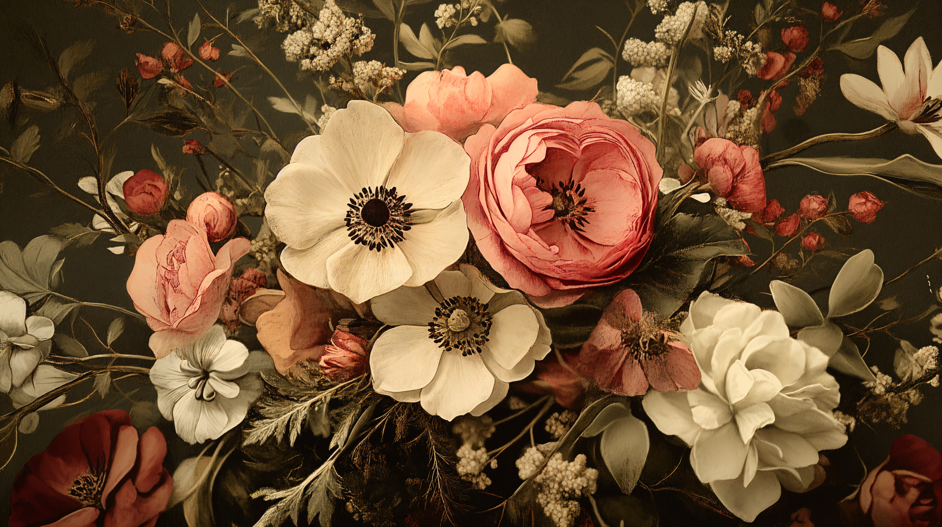 A vintage floral arrangement featuring anemones, roses, and delicate blooms in soft, muted tones, rendered in 4K Ultra HD for a PC desktop wallpaper.