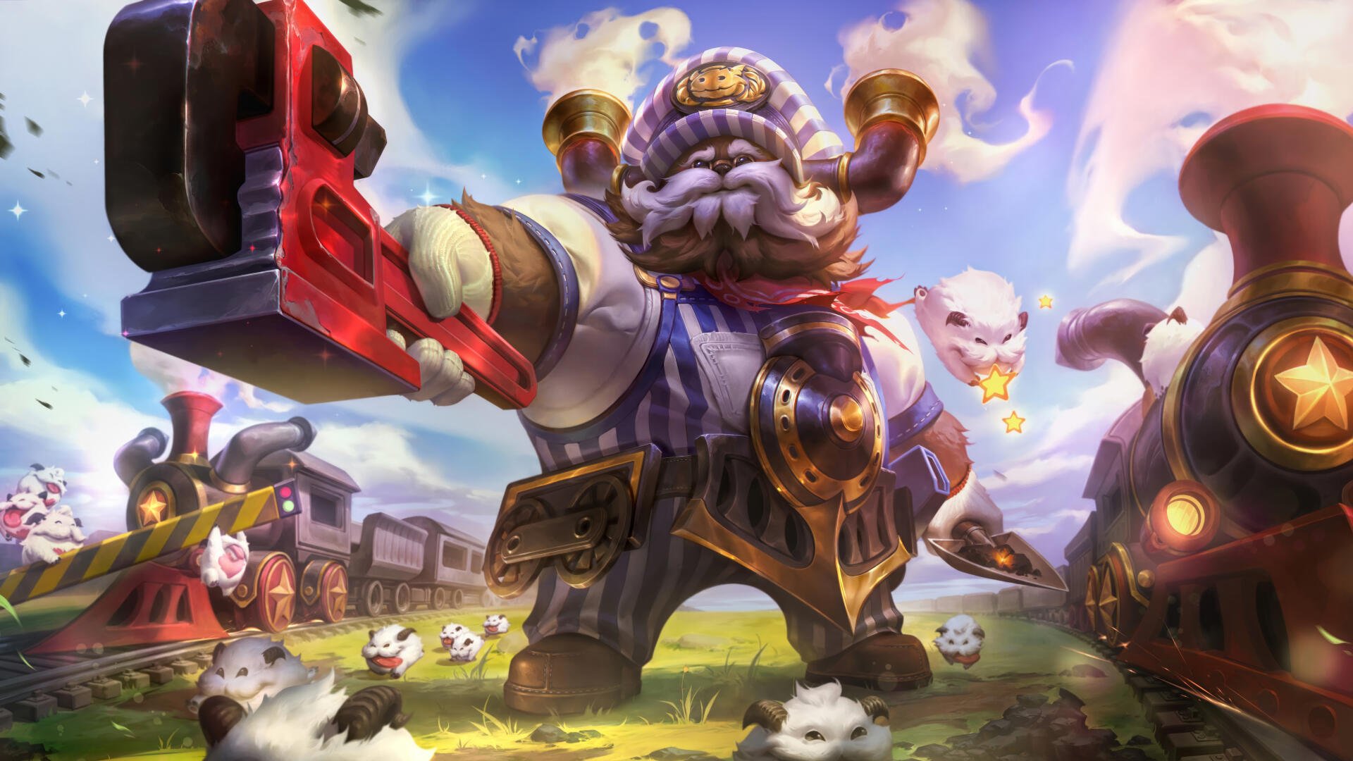 A vibrant 8K Ultra HD wallpaper features Ornn from League of Legends, showcasing his powerful presence with whimsical elements in a colorful landscape.