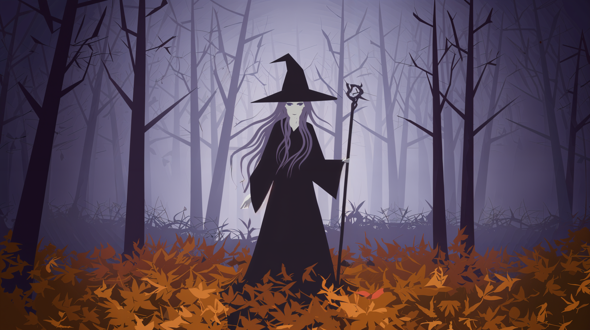 A dark fantasy scene featuring a mysterious witch in a black cloak and hat, standing amidst autumn leaves in a foggy forest, presented as a 4K Ultra HD desktop wallpaper.