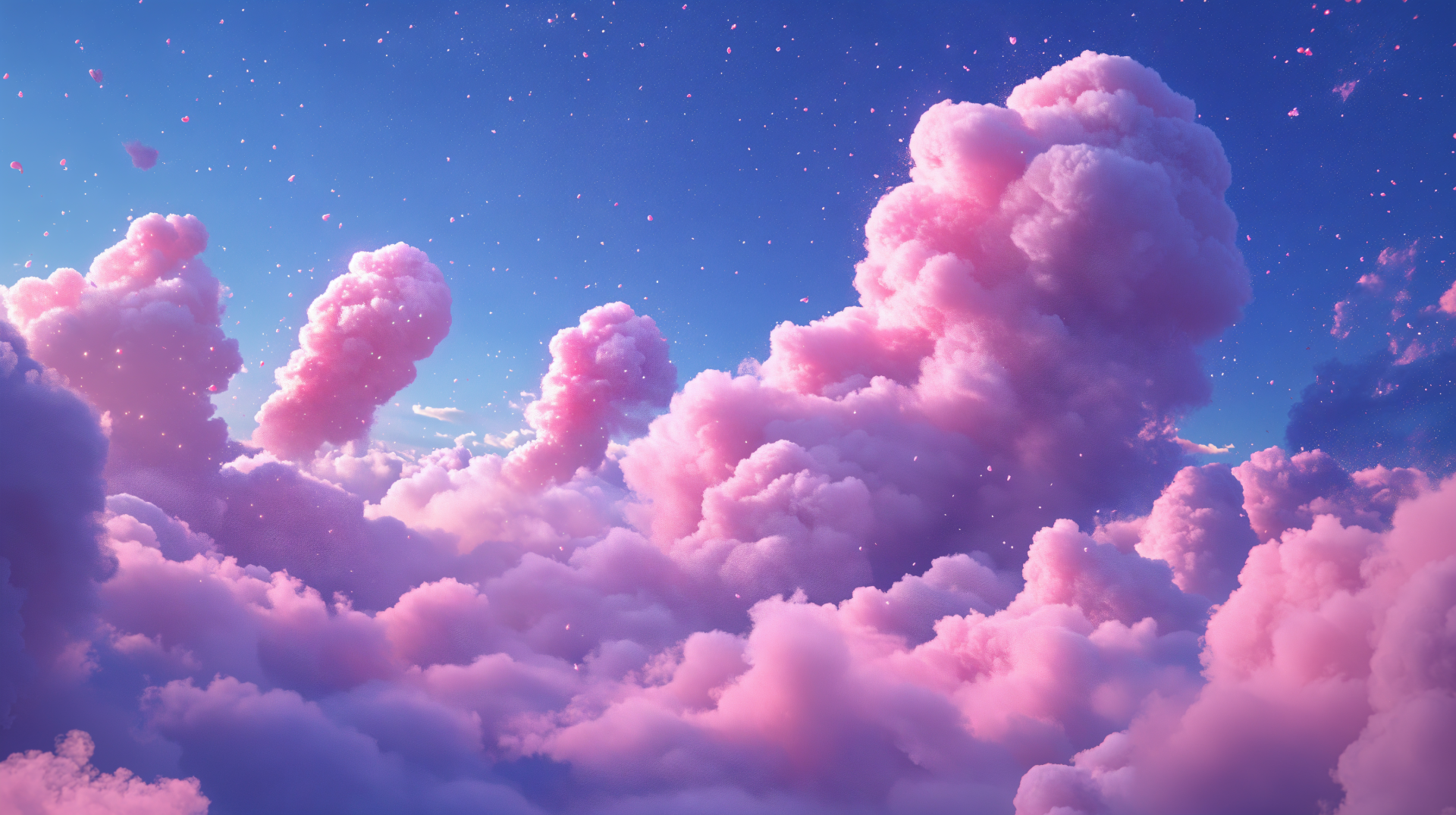 A breathtaking cotton candy sky filled with fluffy pink clouds, scattered stars, creating a serene and dreamy atmosphere. This 4K Ultra HD image serves as a stunning desktop wallpaper.