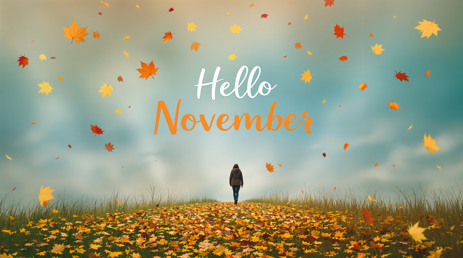 A scenic 4K Ultra HD wallpaper featuring a figure walking through a landscape covered with colorful autumn leaves, with the text Hello November elegantly displayed above.