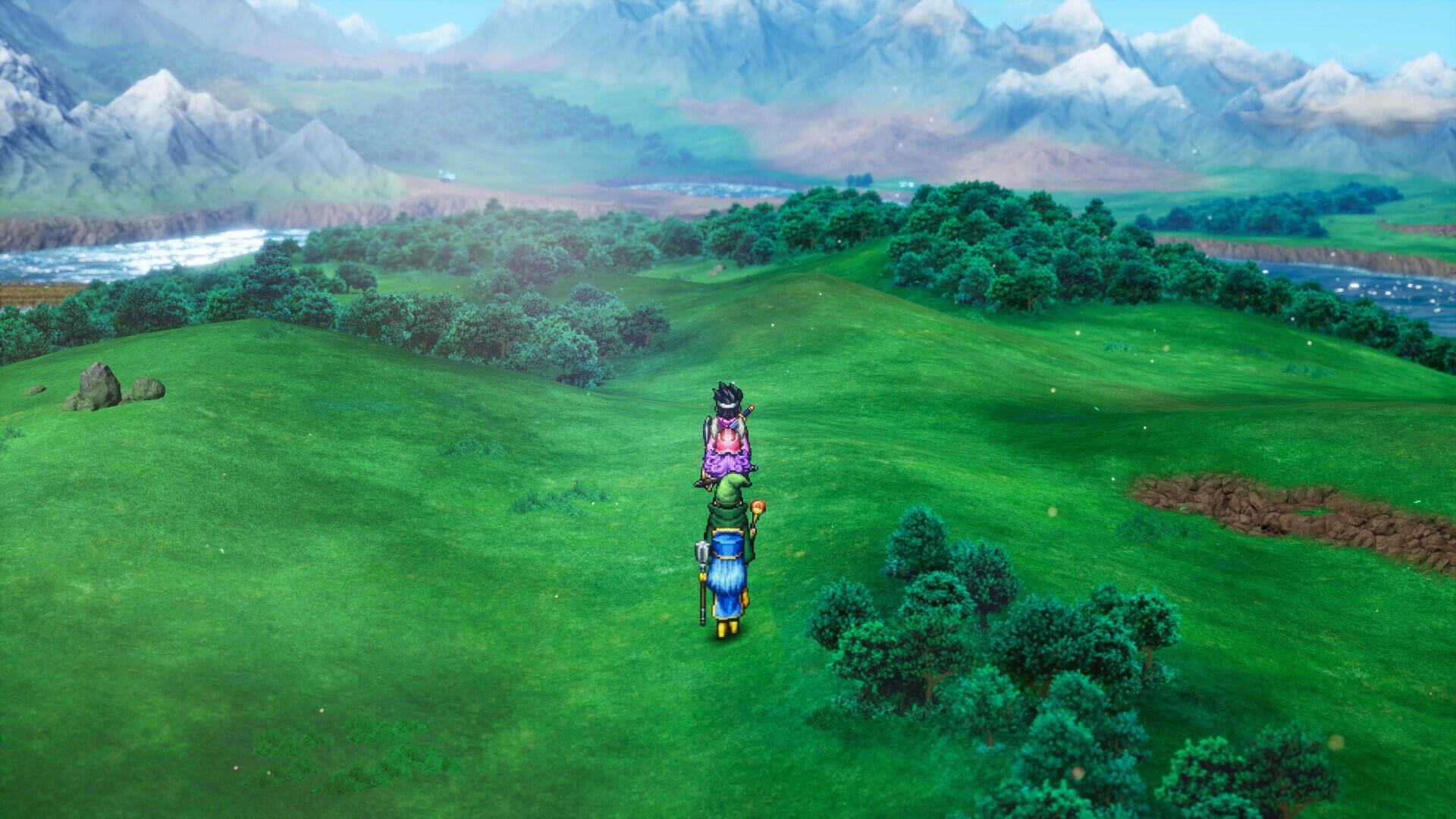 HD PC desktop wallpaper from the RPG video game DRAGON QUEST III HD-2D Remake, featuring vibrant, lush landscapes and characters exploring an open field.