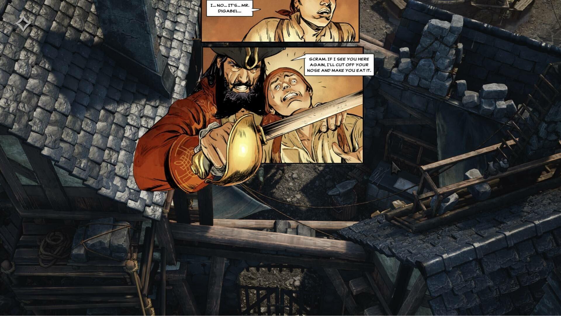 A dramatic scene from the video game Flint: Treasure of Oblivion, featuring a pirate threatening a character, set against an atmospheric HD wallpaper backdrop.