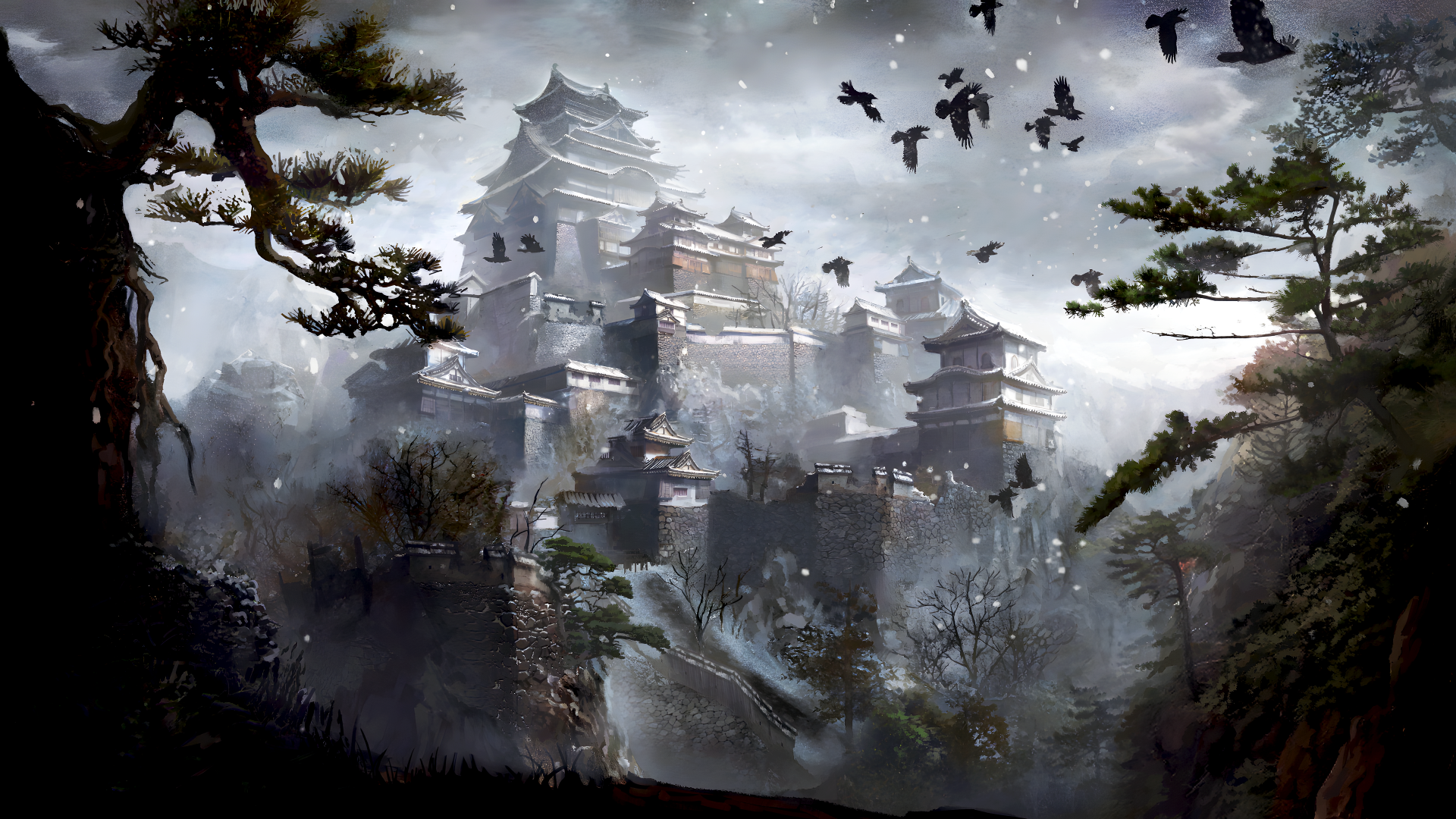 8K Ultra HD desktop wallpaper of a dilapidated Ashina castle temple from Sekiro: Shadows Die Twice, set in a misty, dark forest with birds flying overhead.
