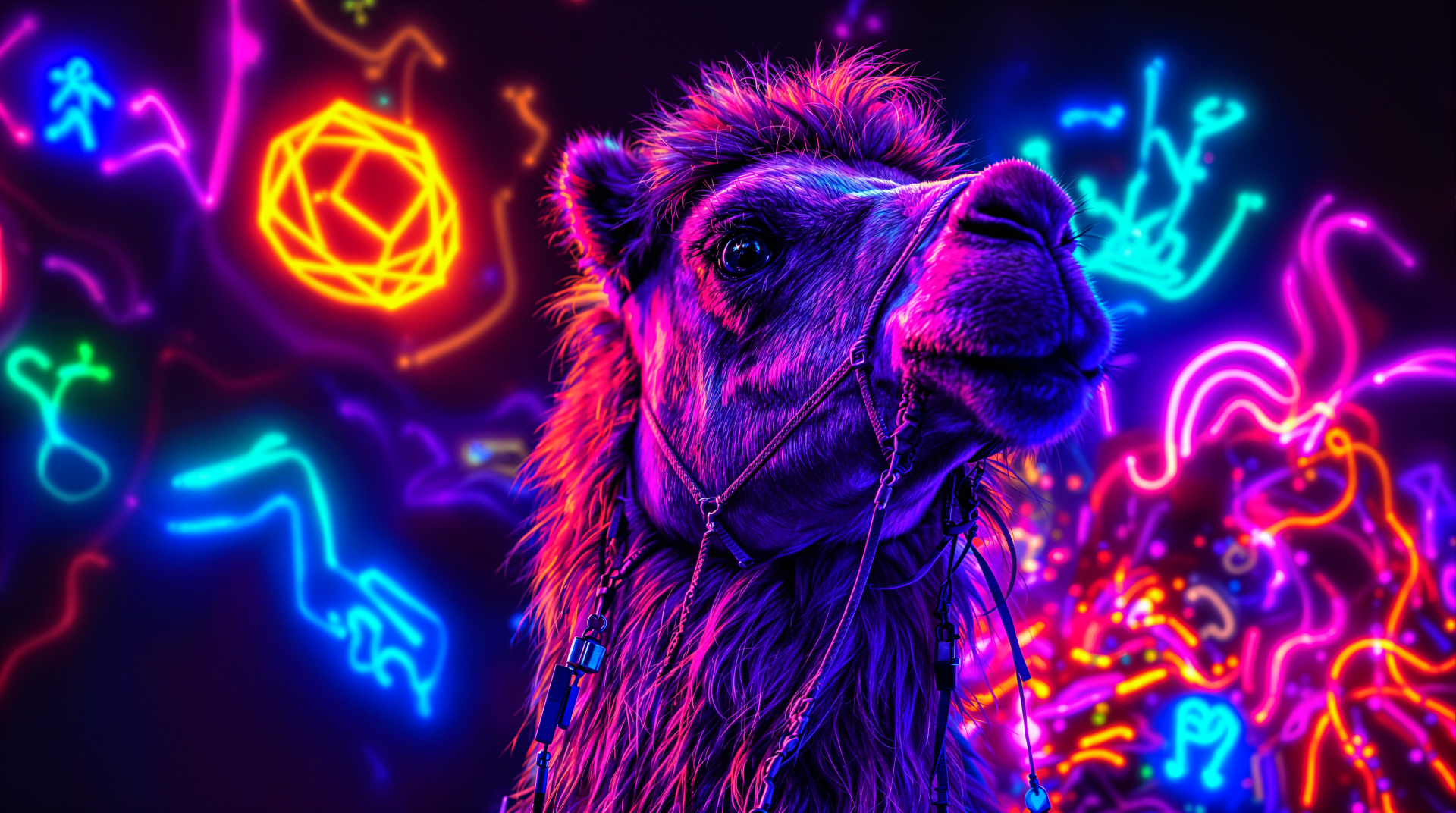 A vibrant camel stands against a backdrop of colorful neon designs, creating a striking 4K Ultra HD desktop wallpaper and background.