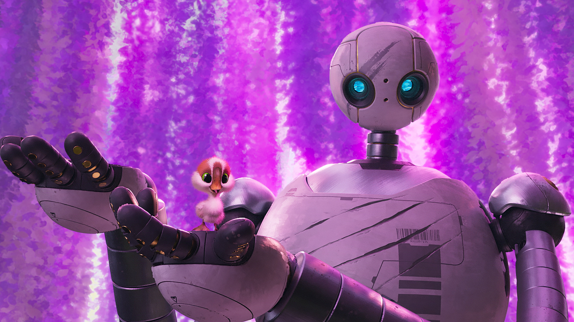 A scene from The Wild Robot, featuring a robot with bright blue eyes and a small bird perched on its hand, set against a vibrant, colorful background. HD desktop wallpaper.