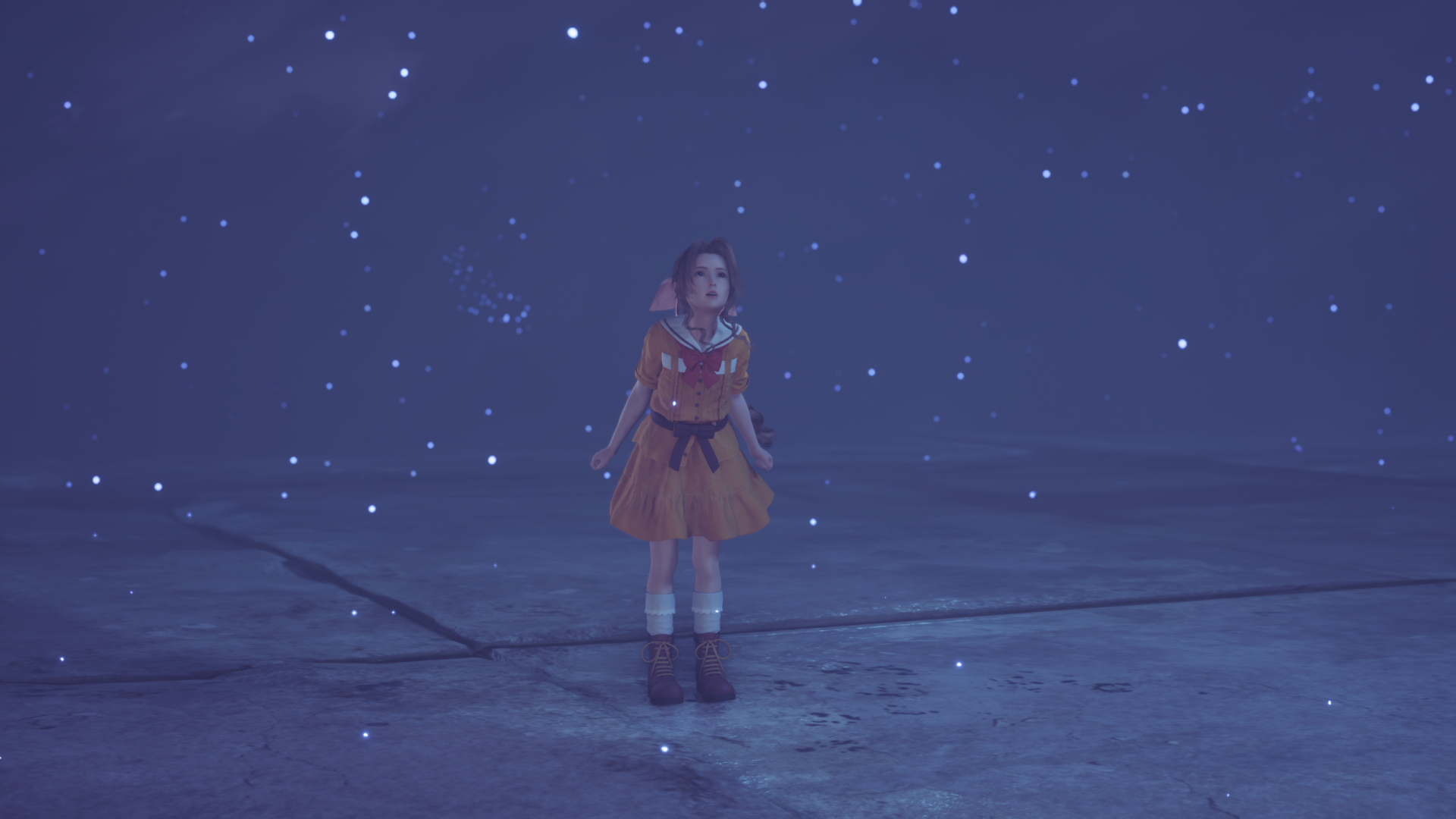 A HD wallpaper featuring Aerith Gainsborough from Final Fantasy VII Remake, standing serenely against a starry night background, evoking a sense of wonder and tranquility.