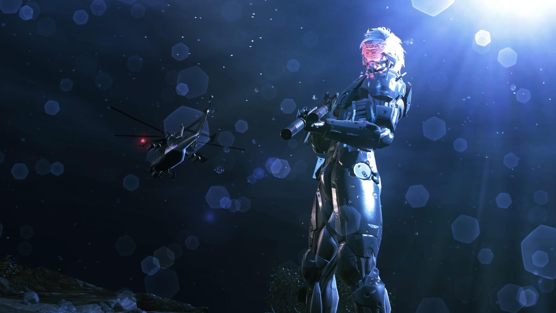 A stunning HD wallpaper featuring Raiden from Metal Gear Solid V: Ground Zeroes, showcasing his futuristic design against a dramatic backdrop with a helicopter in the background.