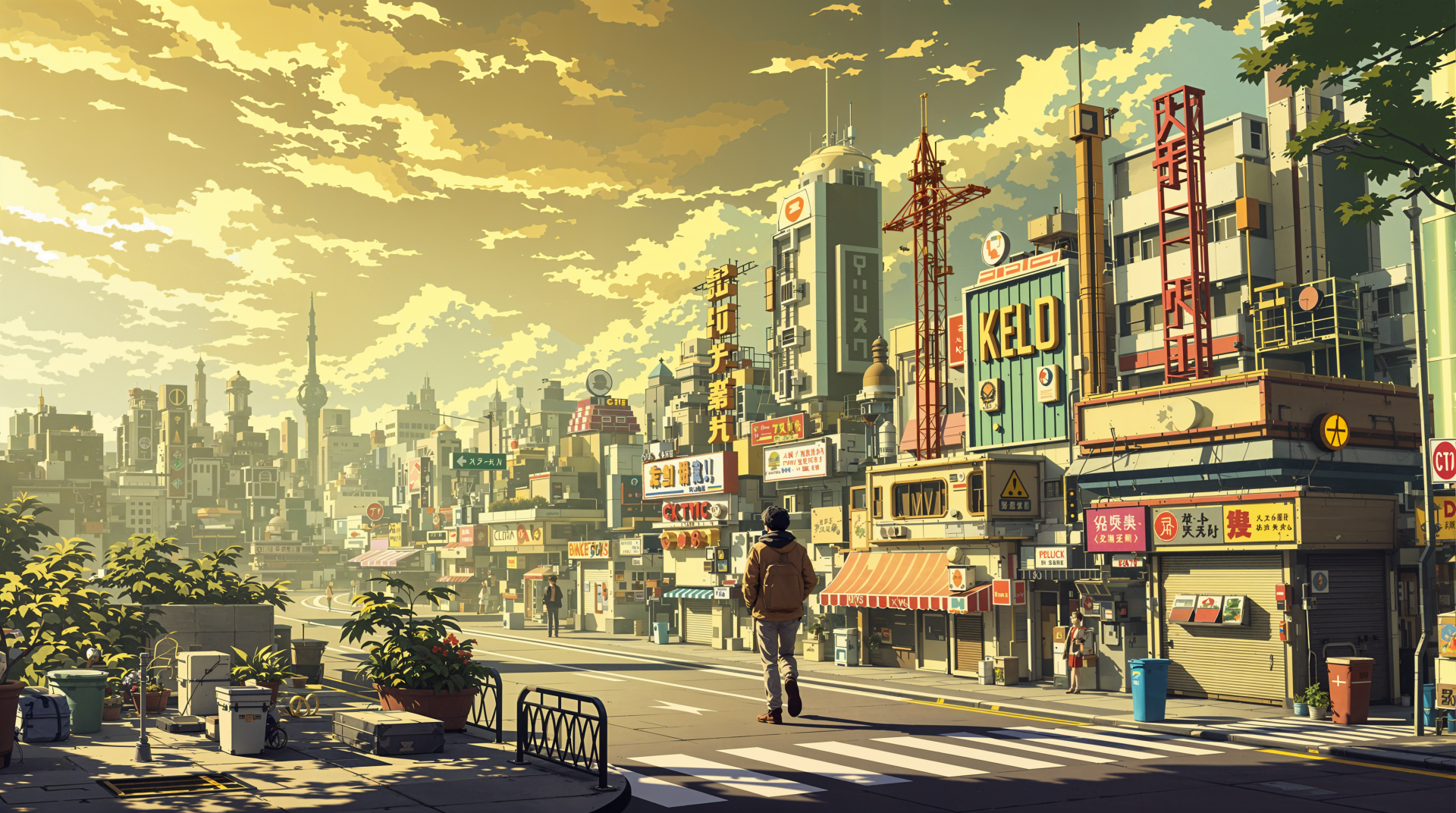 A vibrant anime cityscape featuring bustling streets, towering buildings, and colorful signs under a golden sunset, presented as a 4K Ultra HD desktop wallpaper.