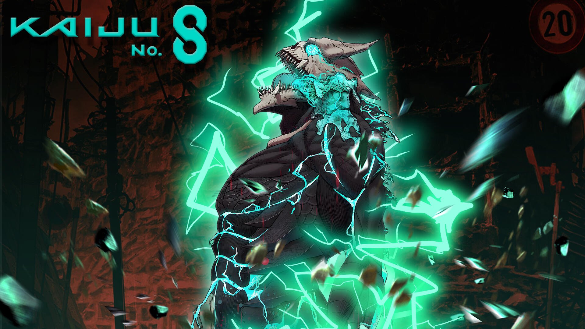 HD PC desktop wallpaper of Kaiju No. 8 anime, showing Hibino Kafka mid-transformation into a neon-teal, electrified kaiju amid a shattered city backdrop.