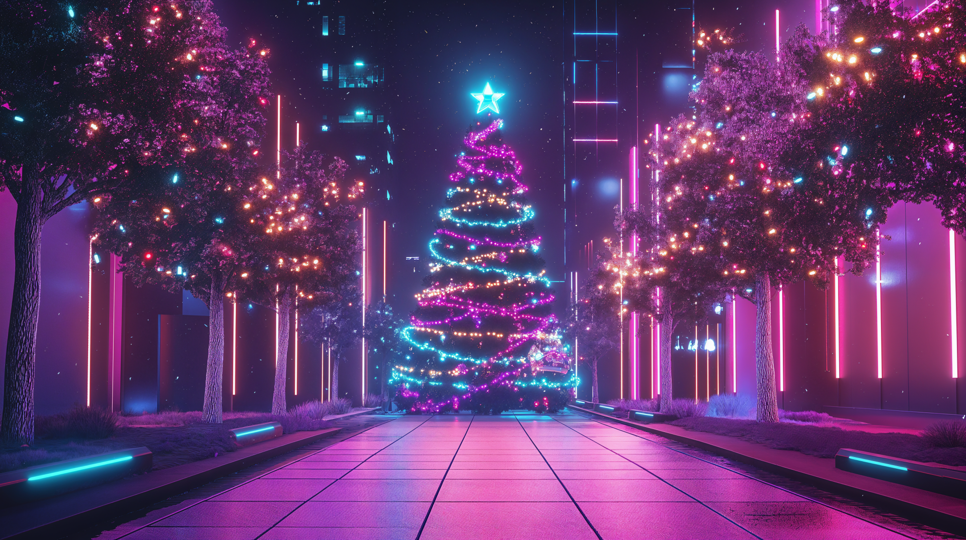 A vibrant retrowave Christmas scene featuring a luminous, multicolored Christmas tree and glowing, festive trees illuminated by neon lights, set against a futuristic city backdrop.