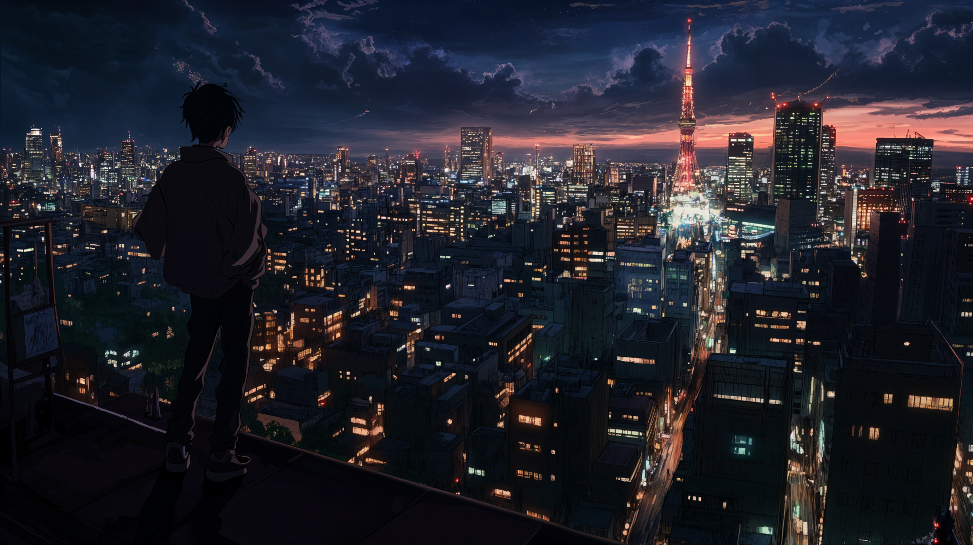 A figure stands on a rooftop overlooking a vibrant anime cityscape at night, illuminated by city lights and featuring a prominent tower, captured in stunning 4K Ultra HD.