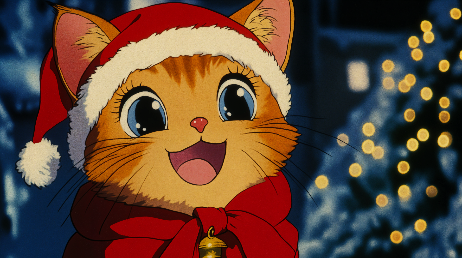 A cheerful cat wearing a red Santa hat and scarf, set against a backdrop of twinkling Christmas lights, serves as a delightful 4K Ultra HD wallpaper.