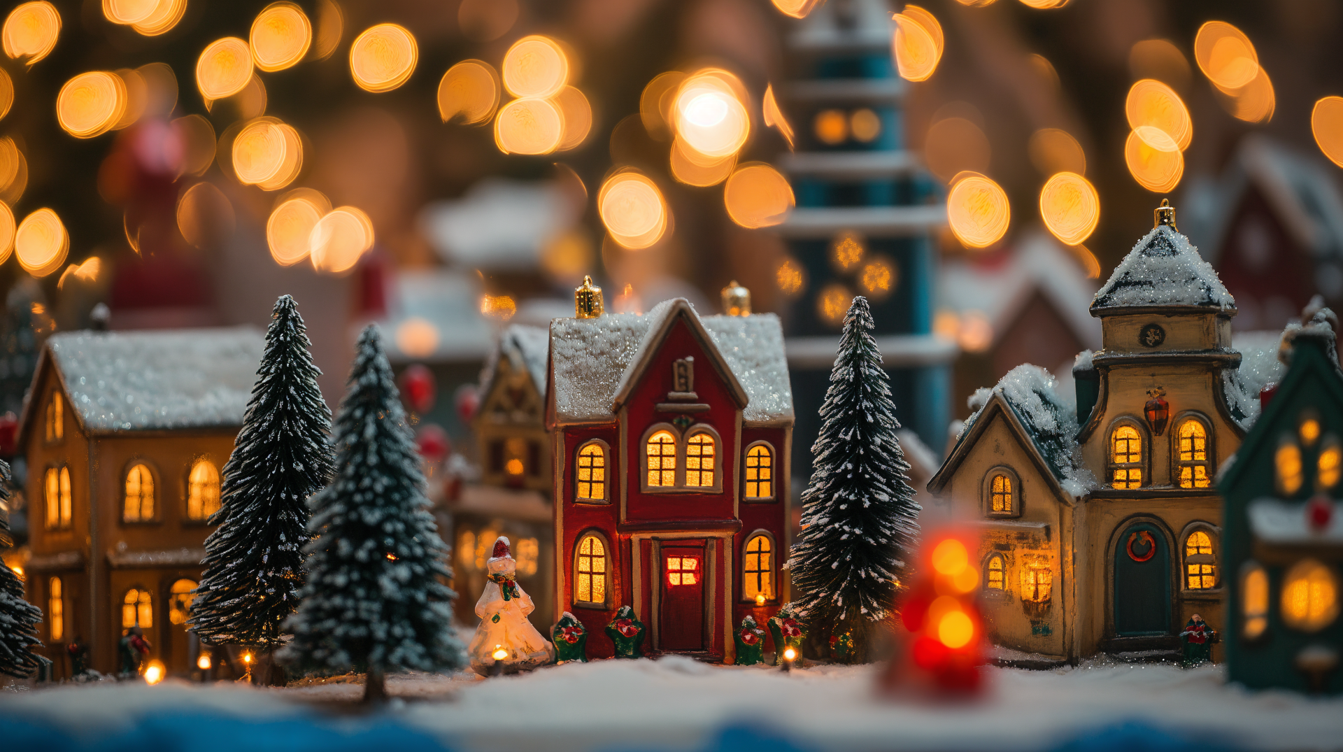 A charming Christmas town scene featuring intricately designed miniature houses, snow-covered trees, and glowing lights, captured in vibrant 4K Ultra HD for a festive desktop wallpaper.