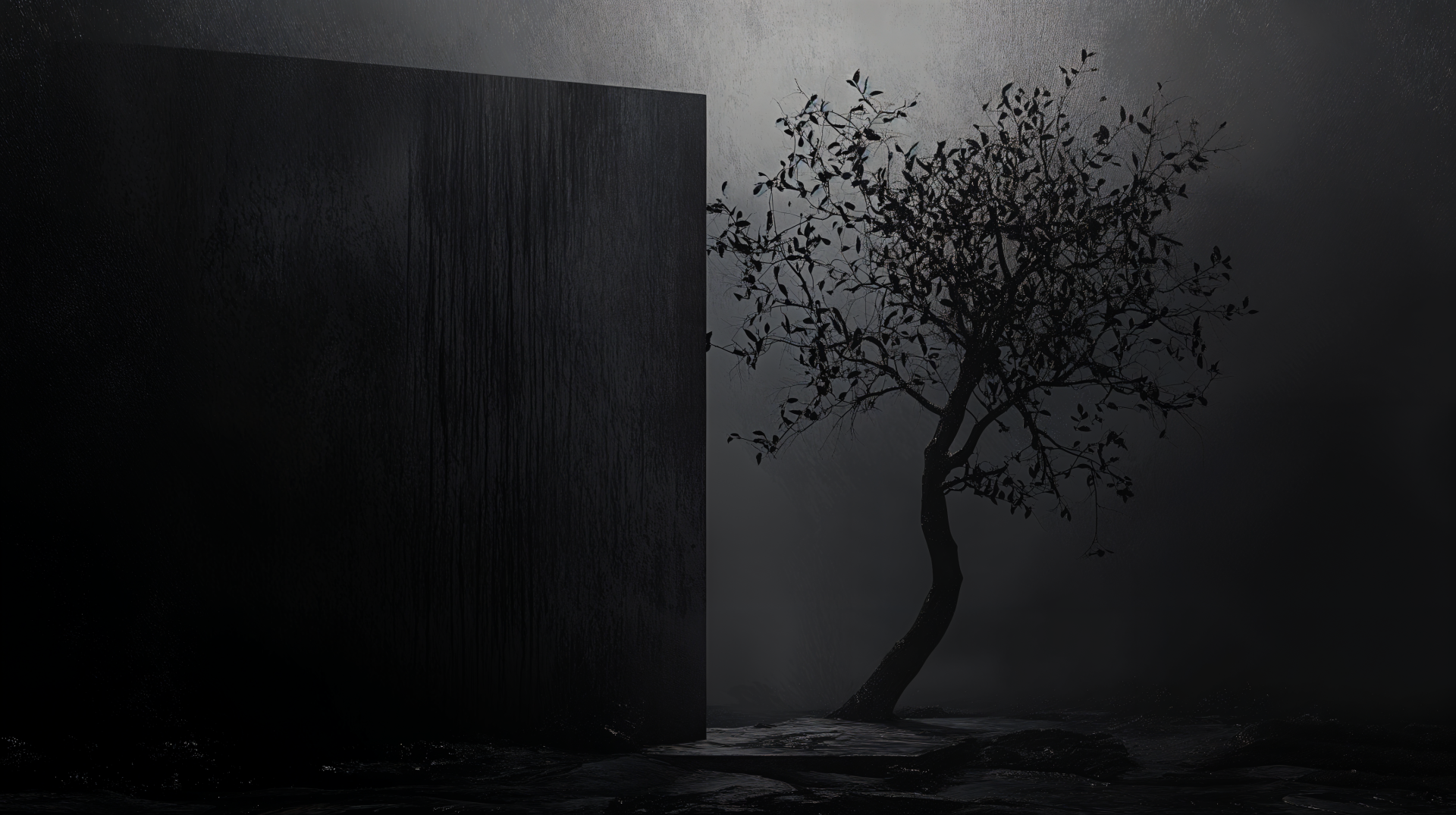 A dark minimalist scene featuring a stark black cube and a solitary tree, set against a moody background, designed as a 4K Ultra HD PC desktop wallpaper and background.